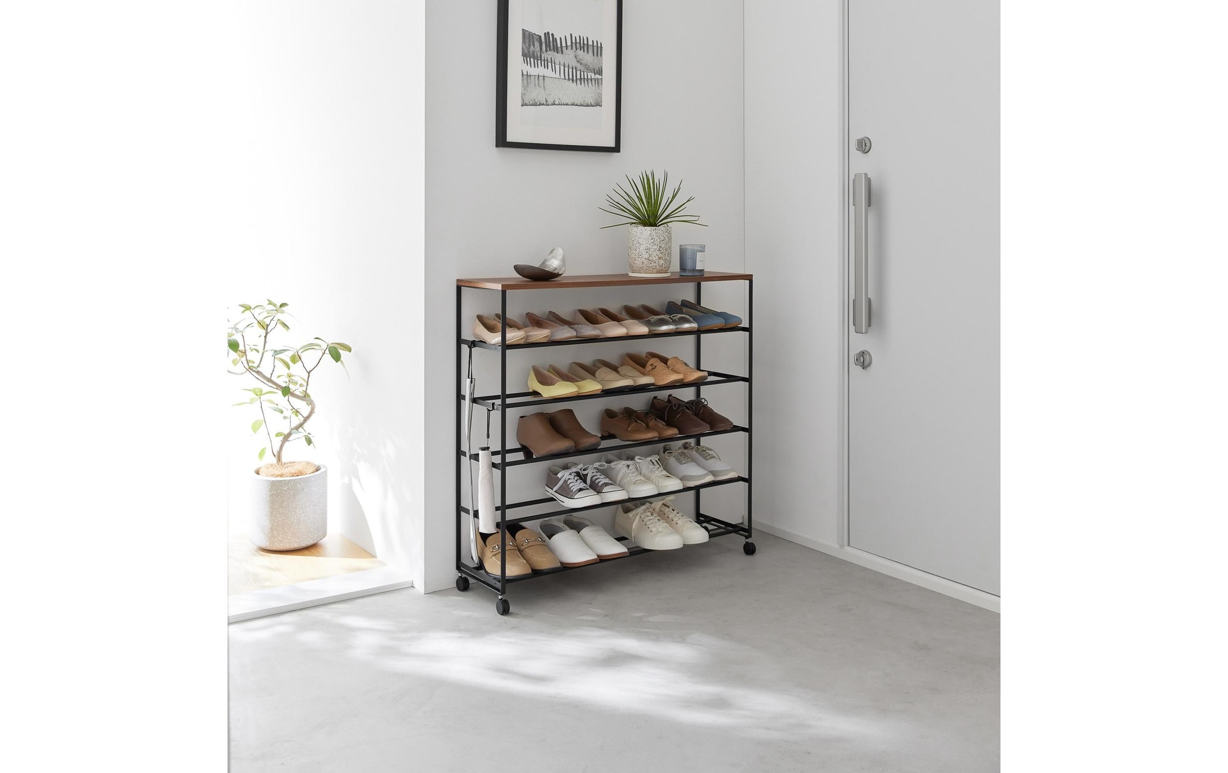 Yamazaki Schuhschrank »Tower 90.5 x 87 cm« 5-stöckiges Schuhregal mit Holzablage und Rollen