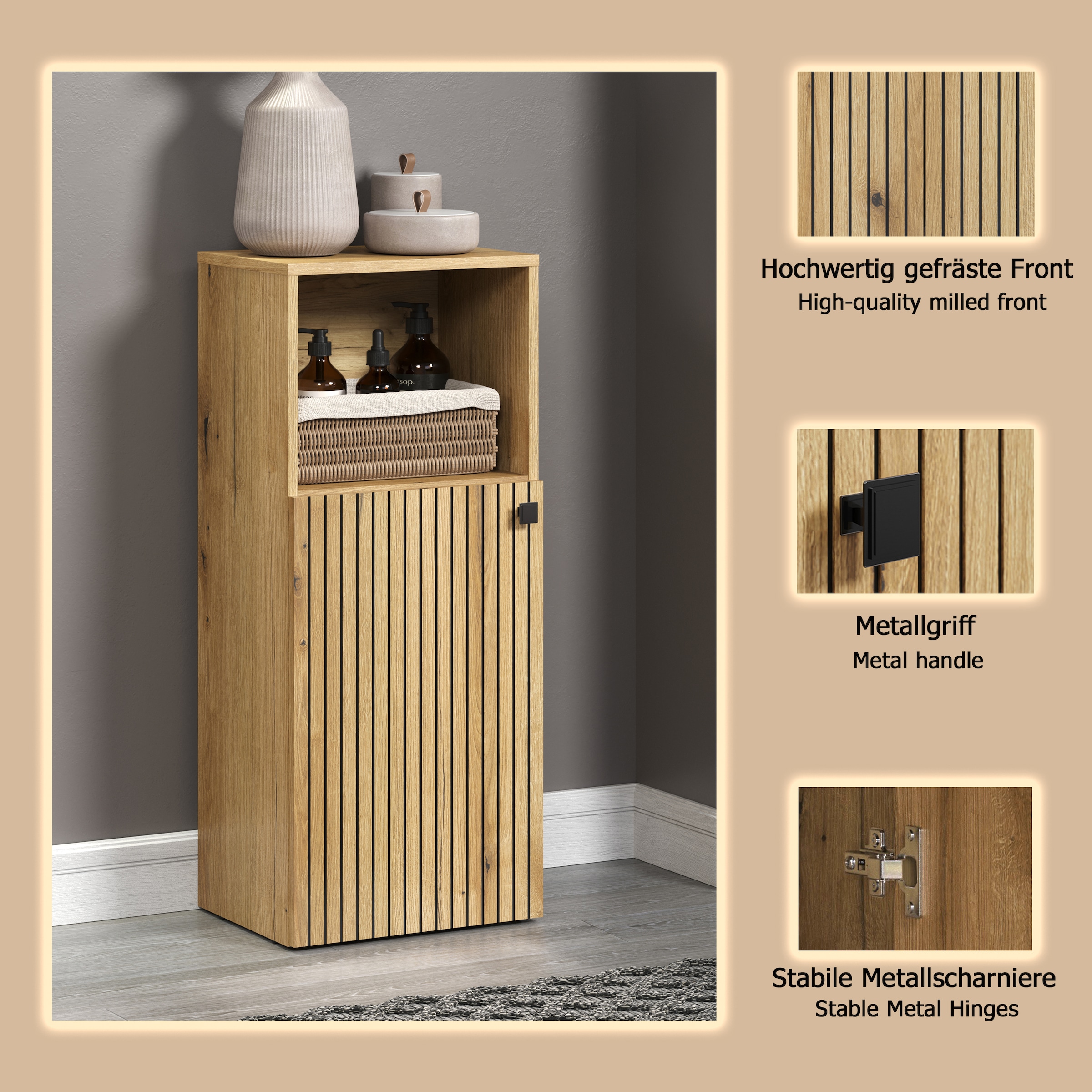 welltime Unterschrank »Amrum«, (1 St.), Badschrank mit offenem Fach und Rillenoptik - Masse (B/T/H) 40/31/95 cm