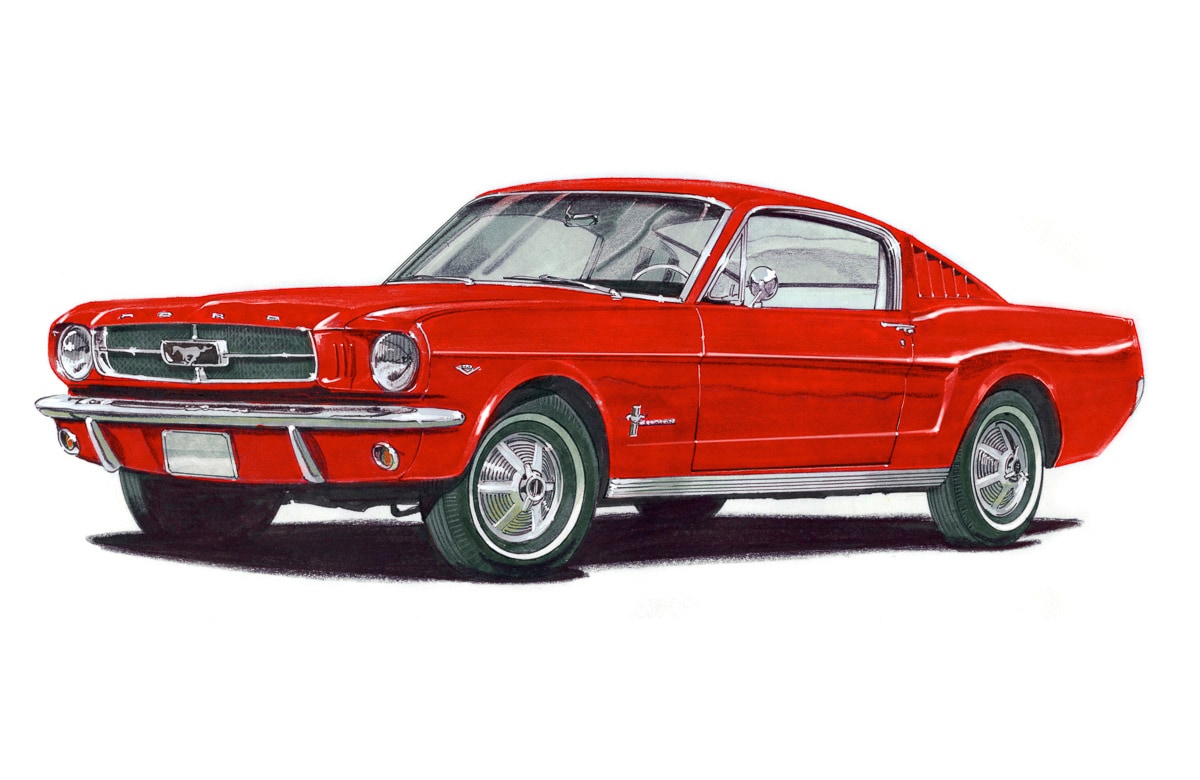 Image of Papermoon Fototapete "MUSTANG FASTBACK 1965-VINTAGE AUTO ILLUSTRATION RETRO"