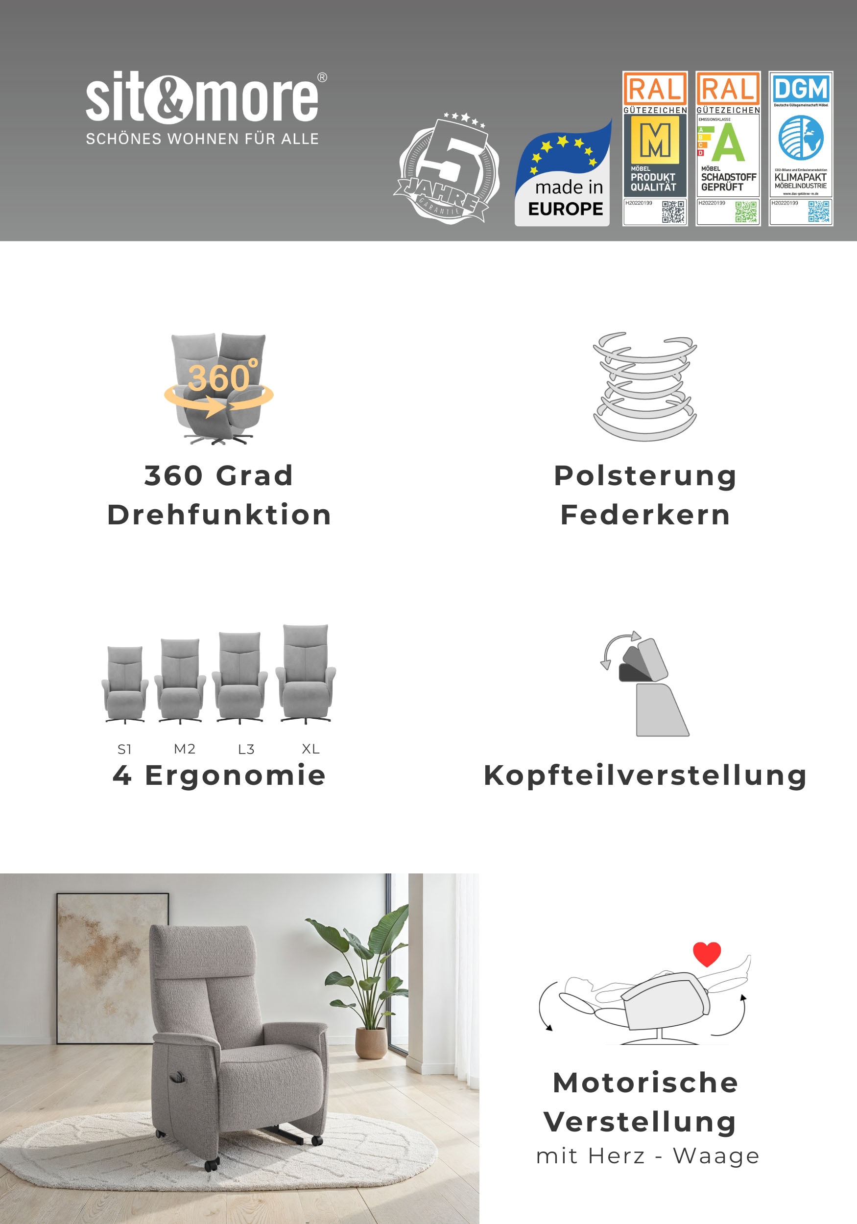 sit&more Fauteuil TV »Cremona Comfort Plus« bis 200 Kg belastbar, mit Herz-Waage Funktion