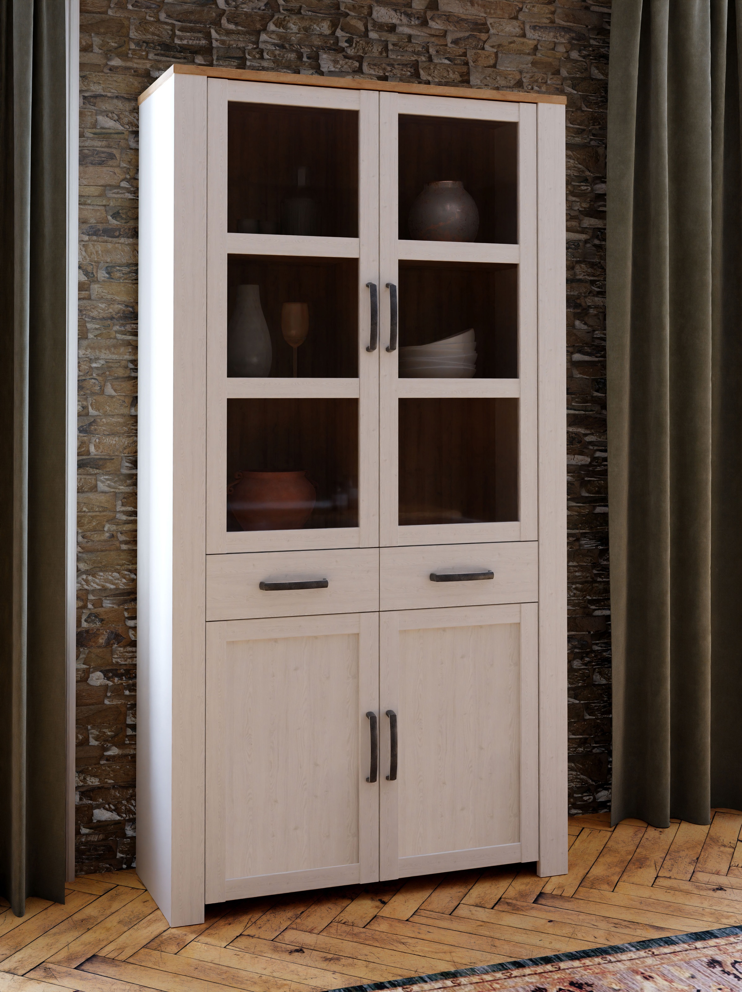 Vitrine Large BOHOL Blanche – 4 Portes dont 2 Vitrées + 2 Tiroirs – L 106,4 × P 42 × H 205,4 cm