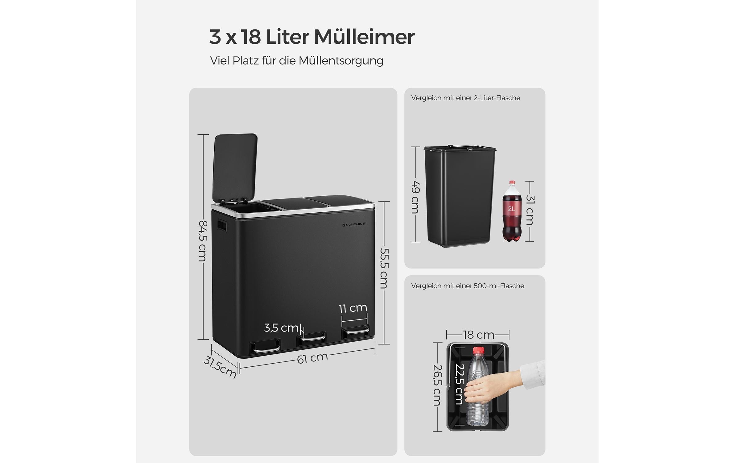 SONGMICS Mülleimer »3 x 18 l«, 3 Behälter