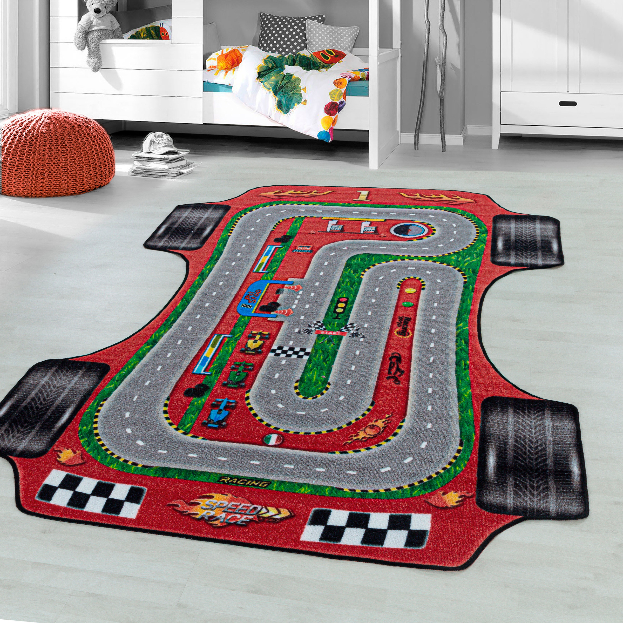 Ayyildiz Teppiche Kinderteppich »PLAY 2907«, Motivform, 6 mm Höhe, robuster Kurzflor, Rennstrecke, Autos, Kinderzimmer