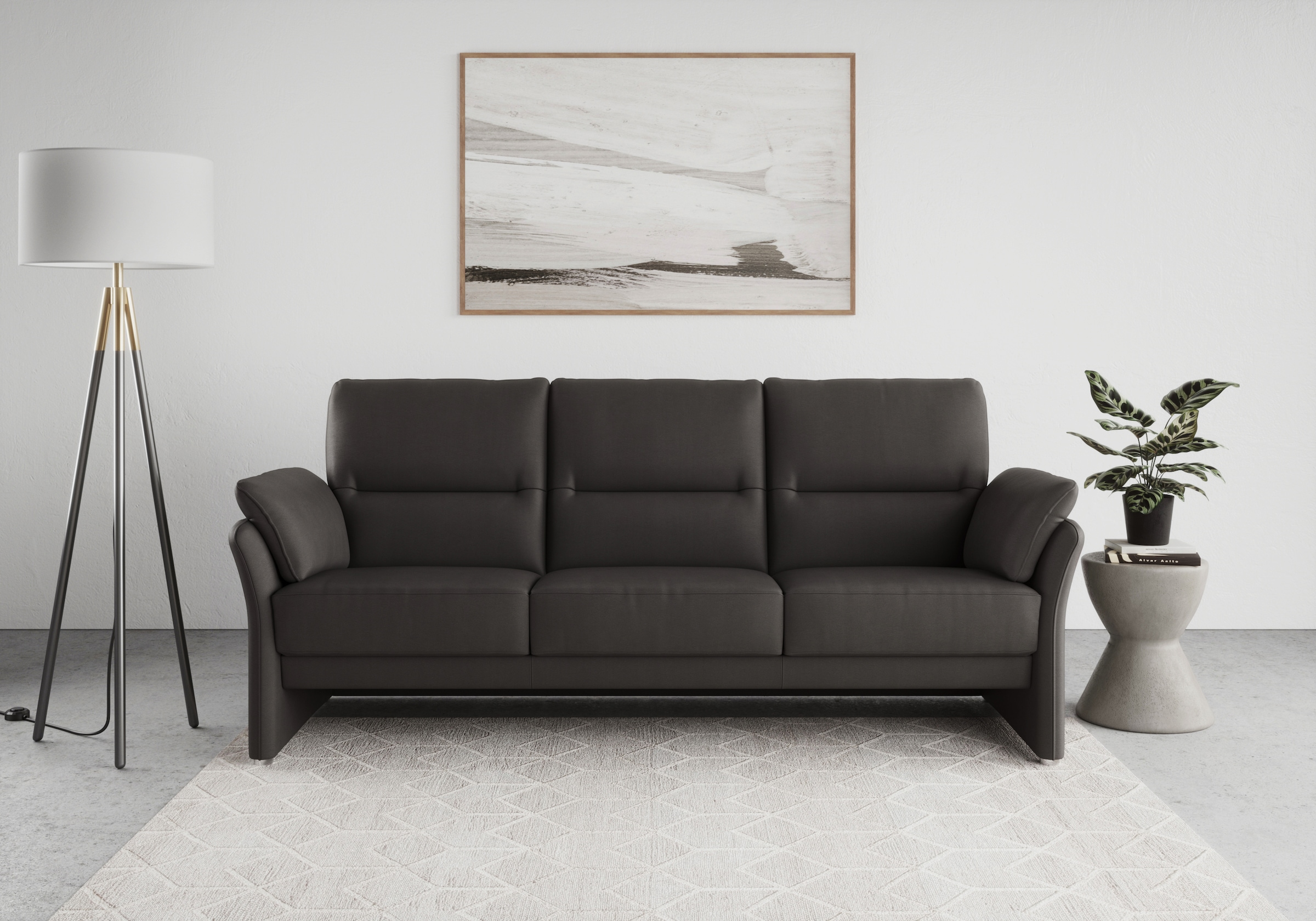 Image of DOMO collection 3-Sitzer "Pina, schmale Armlehnen, mit Federkern, kompakt & elegant" Hoher Sitzkomfort, Luxus-Microfaser Lederoptik, grau, Breite 219 cm