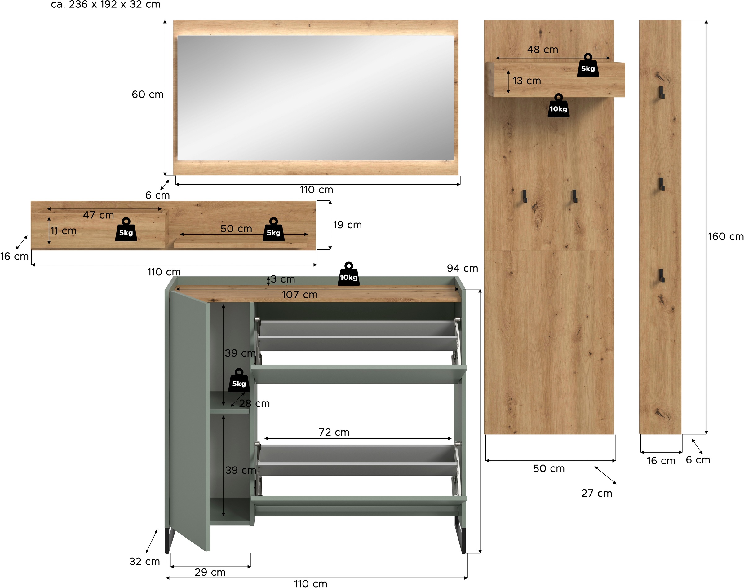 Home affaire Ensemble de vestiaires »EVRID, 5-teilig, Breite 236 cm, inkl. Beleuchtung« best. aus: Wandboard, Kommode, Spiegel, Garderobenpaneel, Hakenleiste, 5 cuis tlg.