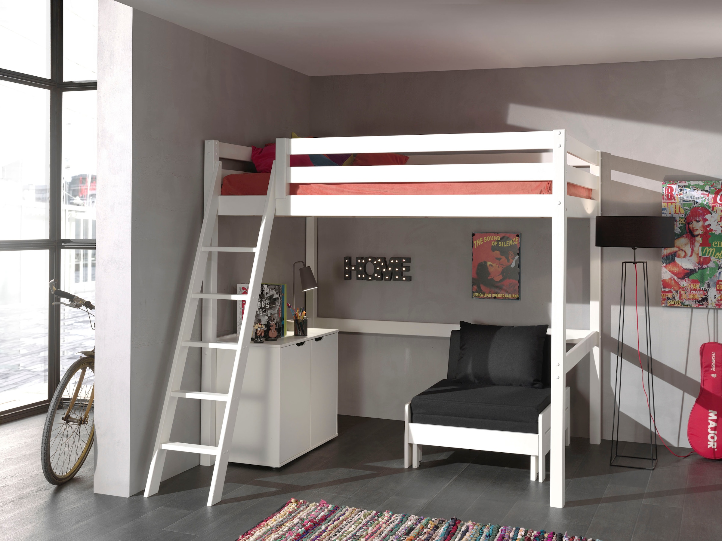 Vipack Lit superposé Fabriqué en Europe,  lit mezzanine avec surface de couchage 140 x 200 cm, incl. commode et fauteuil-lit