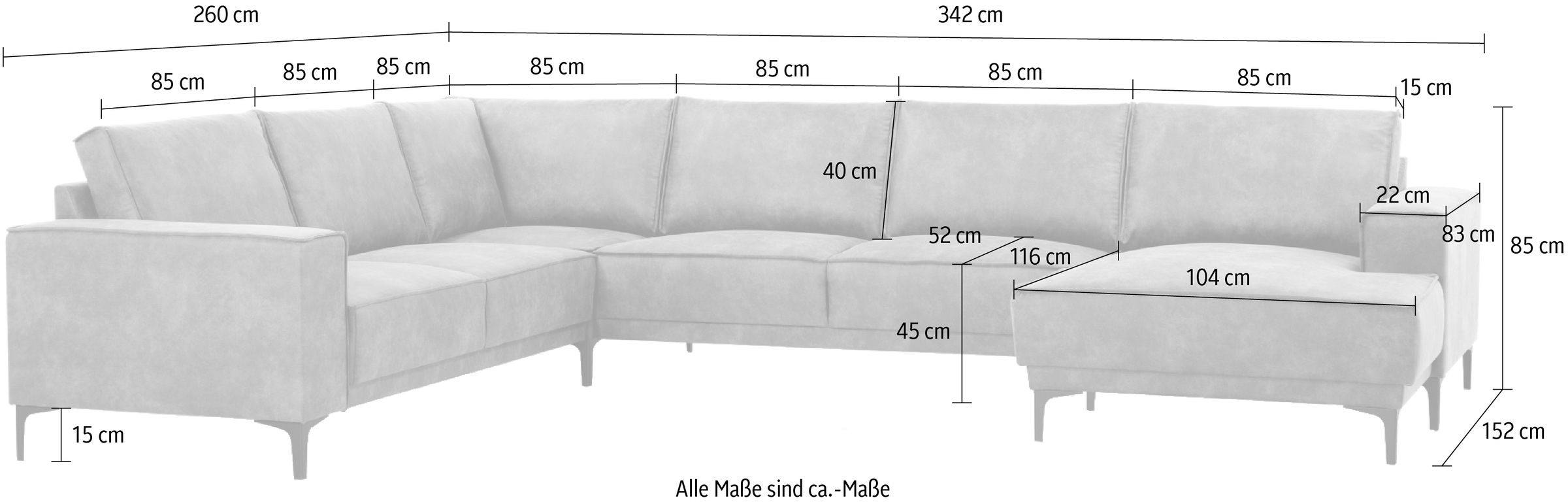 Places of Style Wohnlandschaft »XXL Sofa Oland, Struktur, Flachgewebe, Luxus-Microfaser, Boucle«, U-Form, 342 cm, Wellenunterfederung, Skandi-Design, Metallfüsse