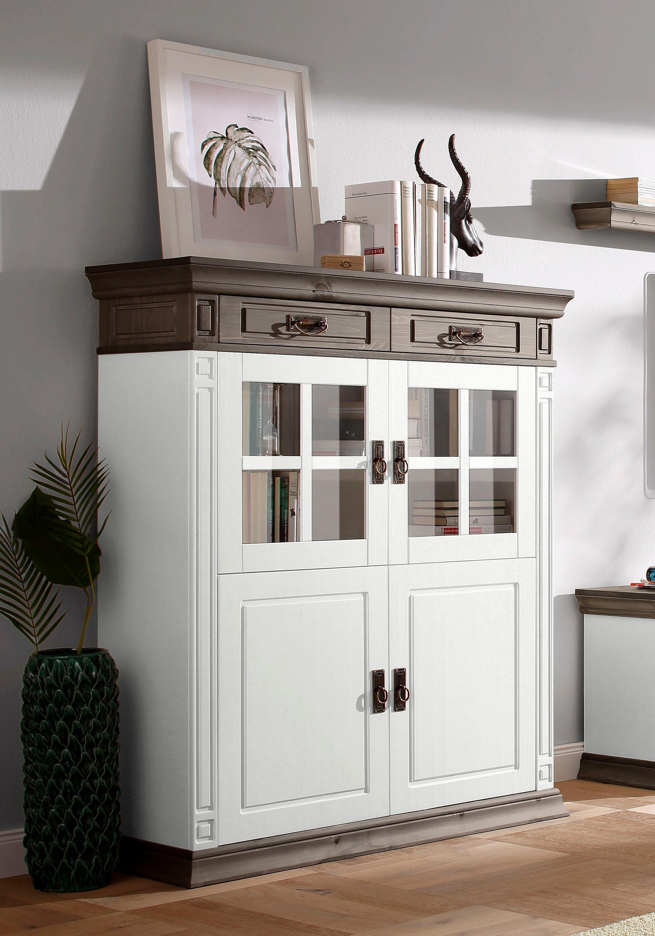 Image of GOODproduct Highboard "Vinales, 2 Schubladen, 4 Türen, 3 Einlegeböden, Griffe im Jugendstil" Vitrine, Breite 112 cm, aus massiver Kiefer, FSC