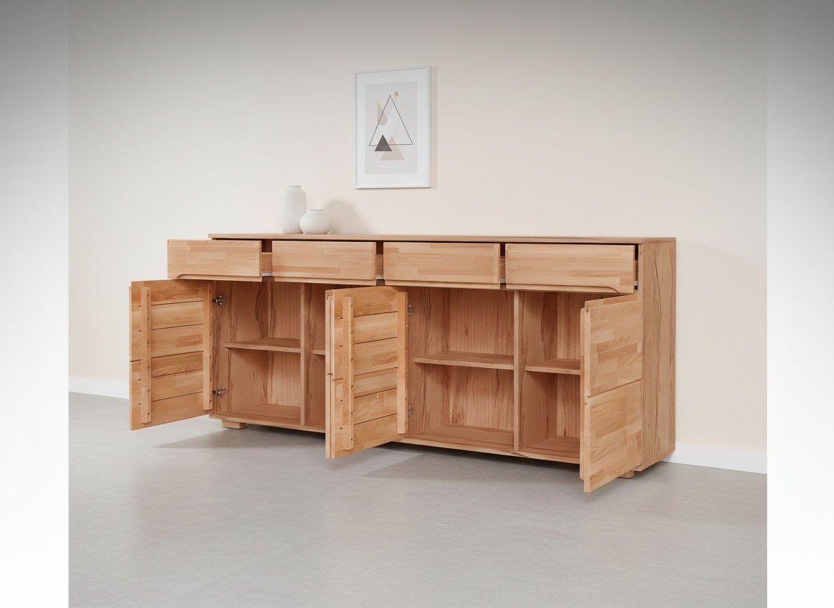 GOODproduct Sideboard »VETRO Teilmassiv, Fronten Massivholz, Wohnzimmer, Stauraum,Griffmulde« B/T/H:199/40/85cm, 4Schubladen, 8 geschlossen Fächer, Stauraum