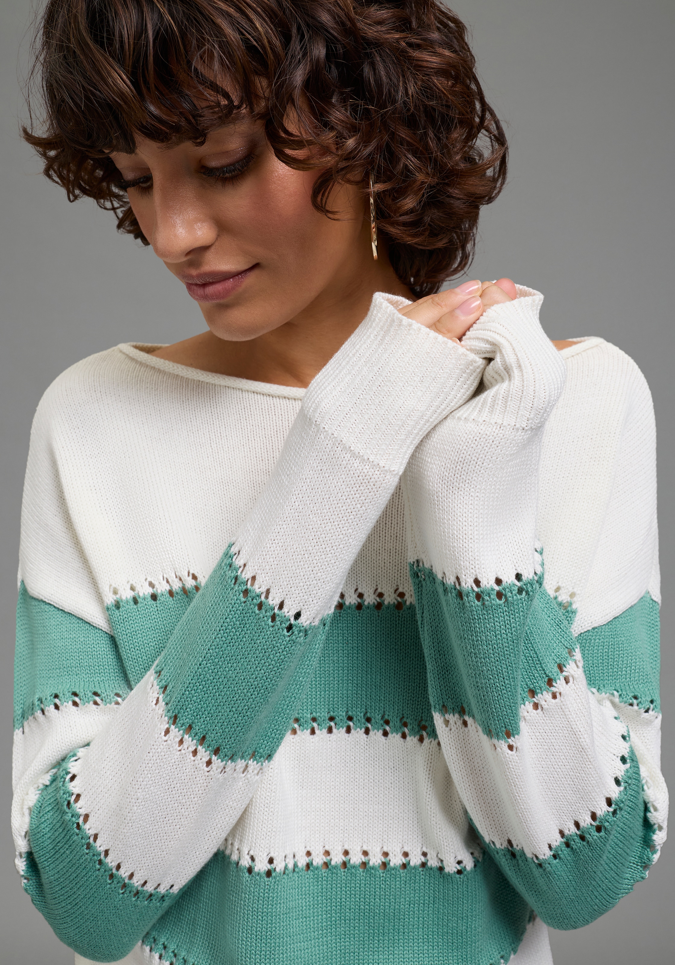 Laura Scott Pull à rayures leichter Sommerpullover mit modernem Lochmuster