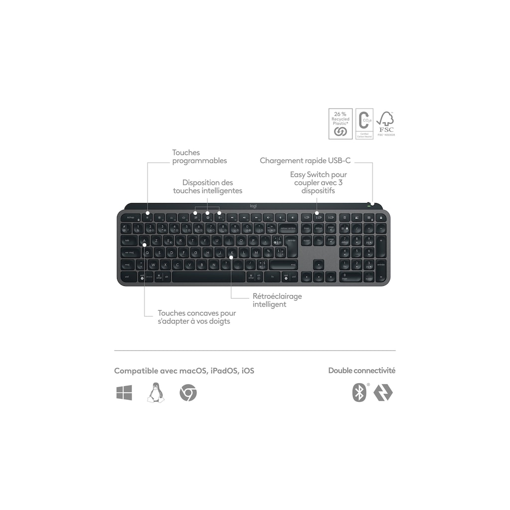 Logitech Wireless-Tastatur »MX Keys S Plus CH-Layout mit Handgelenkauflage«