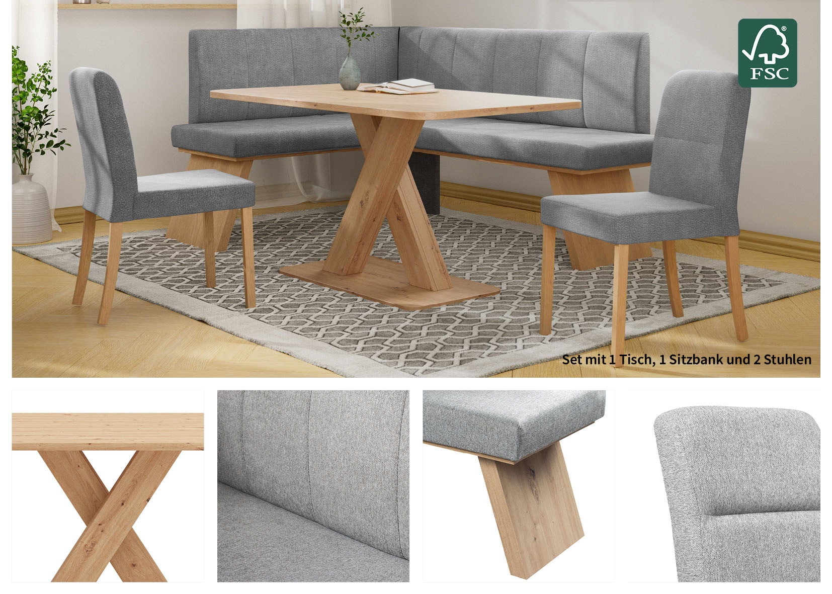 GOODproduct Eckbankgruppe »Nina« Set, 4er, 4 Stk. tlg. Sitzgruppe Esszimmer Stühle Tisch und Bank bequem gepolstert