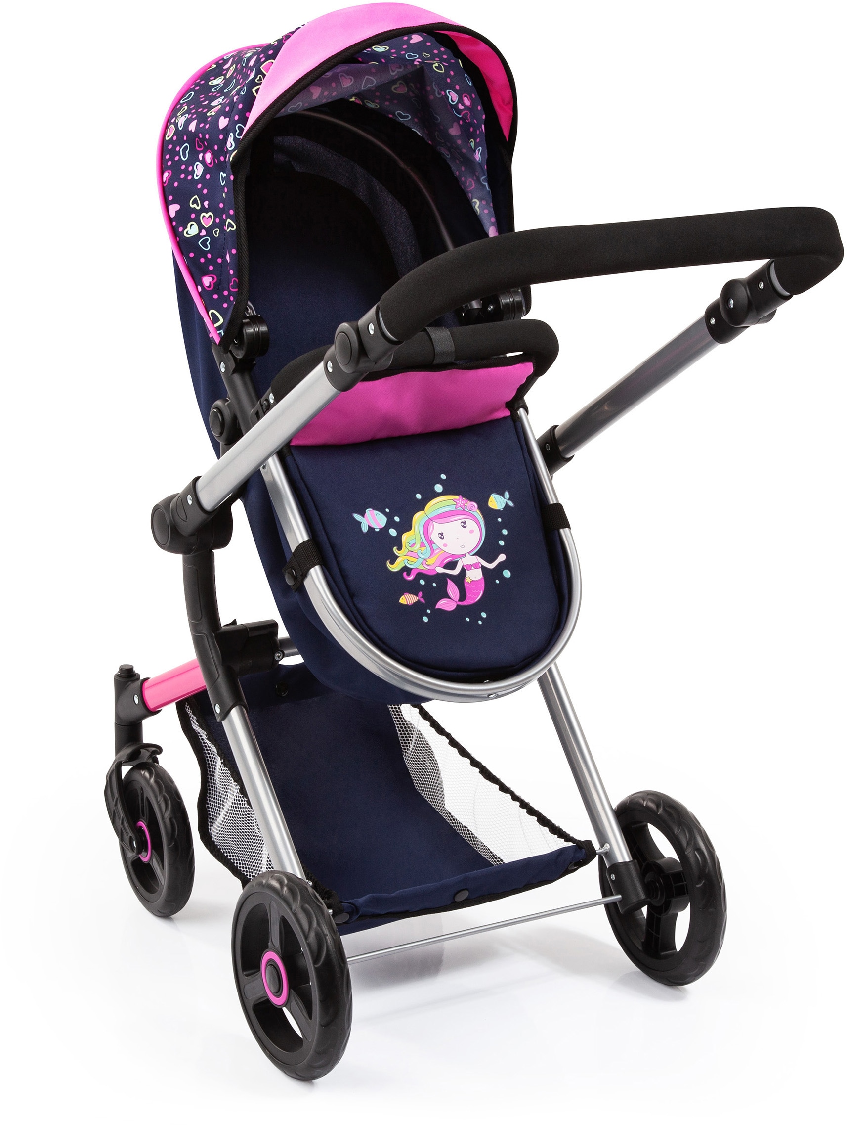 Bayer Kombi-Puppenwagen »Vario, Blau/Pink/Herzchen«, inkl. Wickeltasche