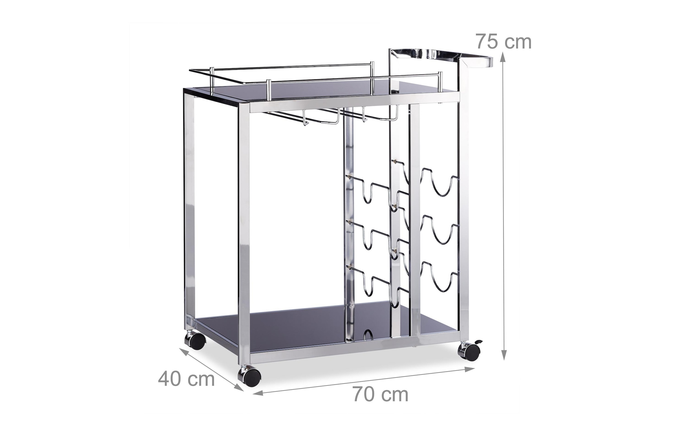 10020779 Carrello Portavivande Da Cucina Baron, Nero, Metallo, Vetro, Con Portabottiglie, Hxlxp 75 X 40 X 70 Cm - Relaxdays