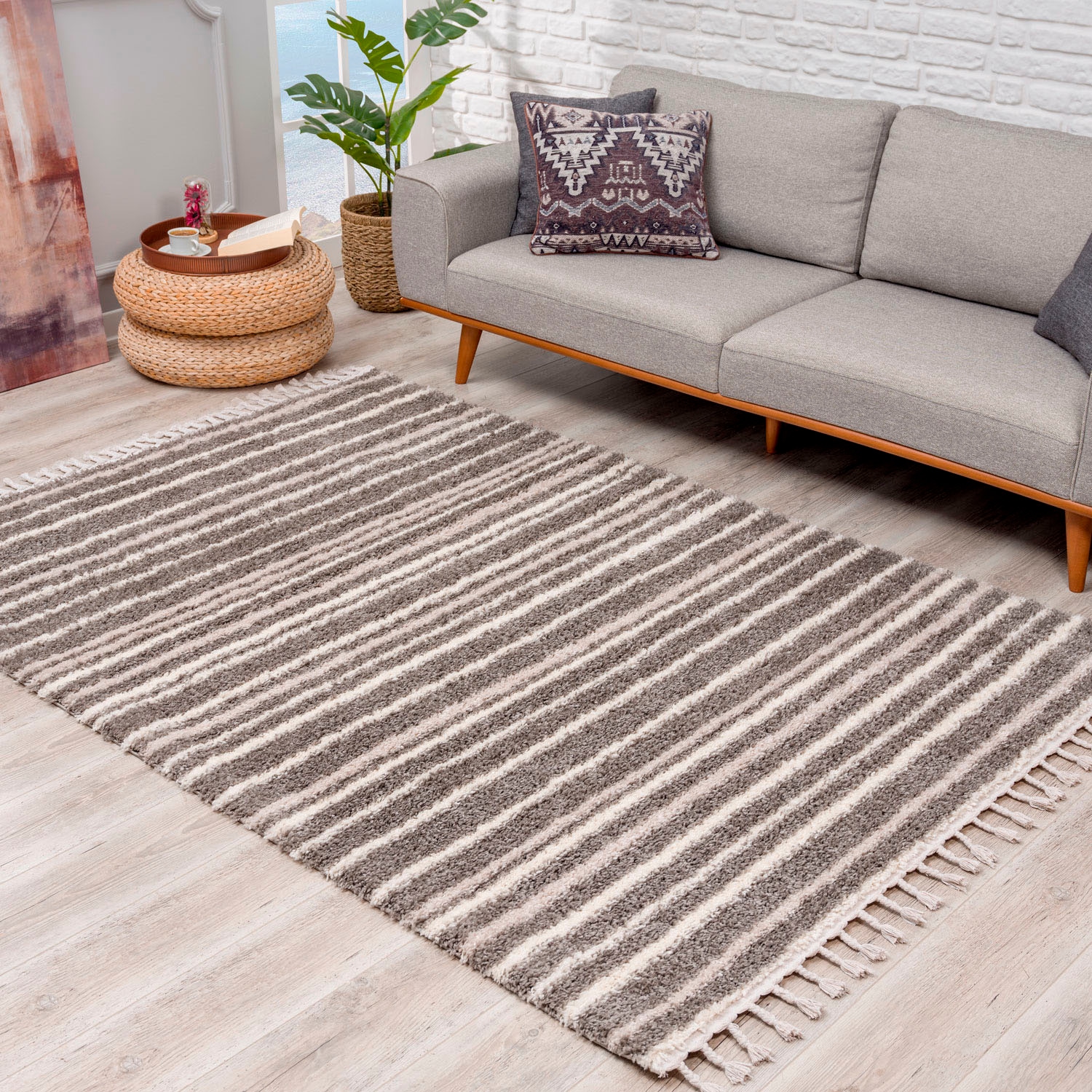 Image of Carpet City Hochflor-Teppich "Pulpy 520" rechteckig 30 mm Höhe besonders weich, mit Fransen, Streifen Look