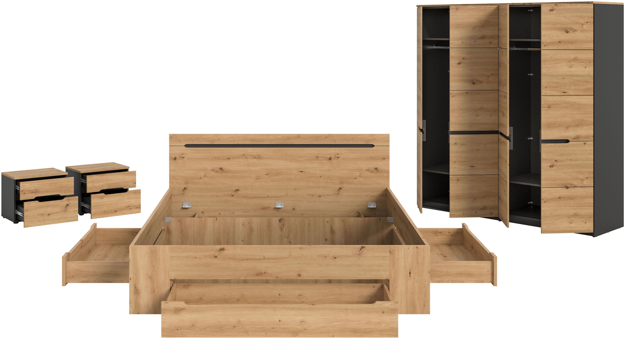 Home affaire Schlafzimmer-Set »REHAT, 4-teilig, best. aus: Bett, Kleiderschrank & 2x Nachtkommode« TOPSELLER!, für Matratzengrösse 140x200 cm, viel Stauraum, 