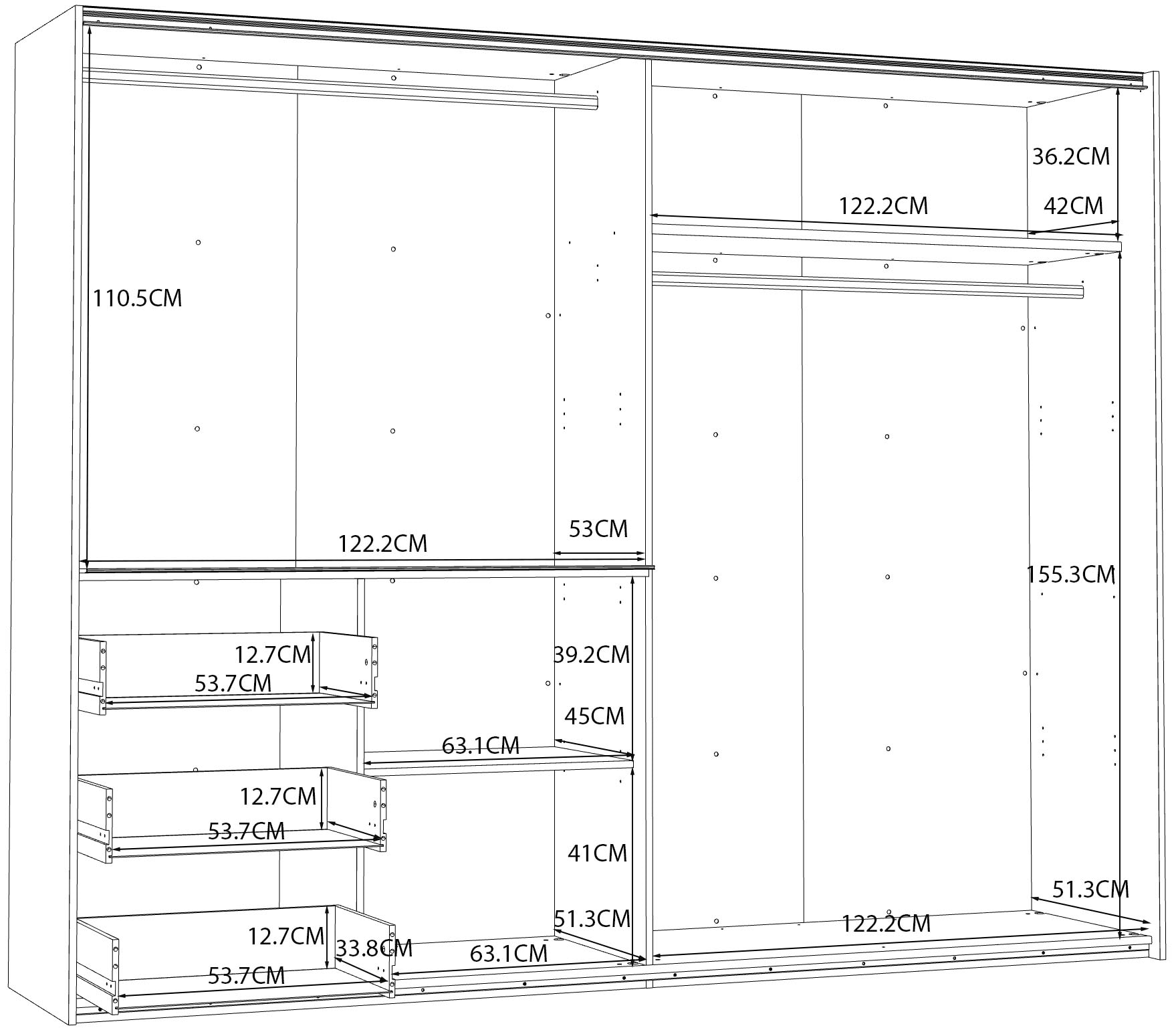 FORTE Schwebetürenschrank mit 3 Schubladen