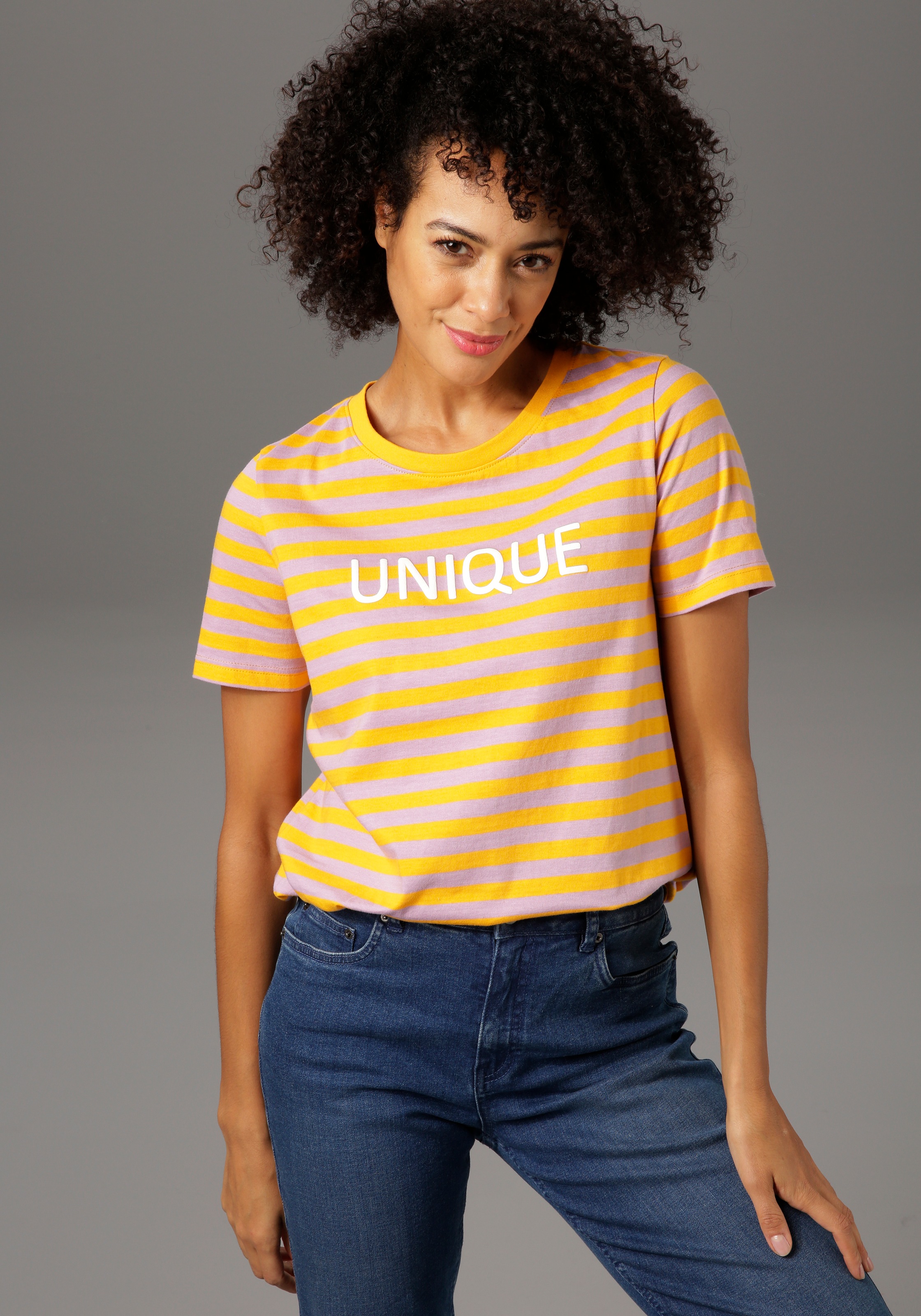 Image of Aniston CASUAL T-Shirt, im Streifen-Dessin und "unique"-Schriftzug bei Ackermann Versand Schweiz