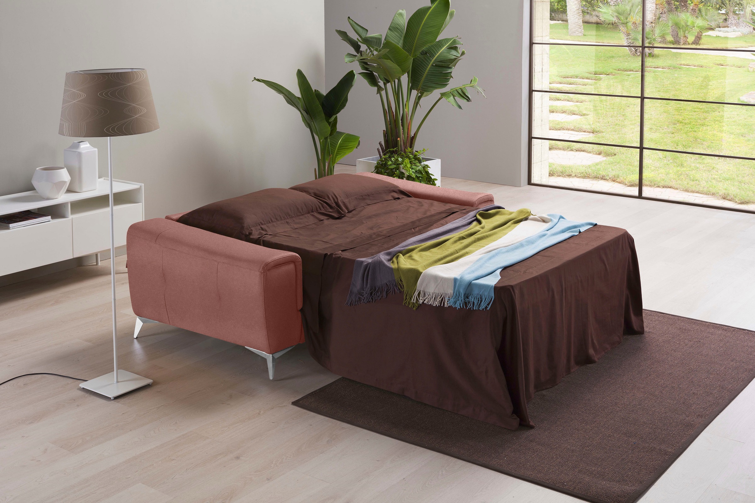 Egoitaliano Schlafsofa »Francine Designsofa, Loungesofa mit Dauerschlaffunktion, Breite 233 cm«, mit Bettfunktion, Luxus-Microfaser BLUSH, cedar wood, Fussfarbe chrom