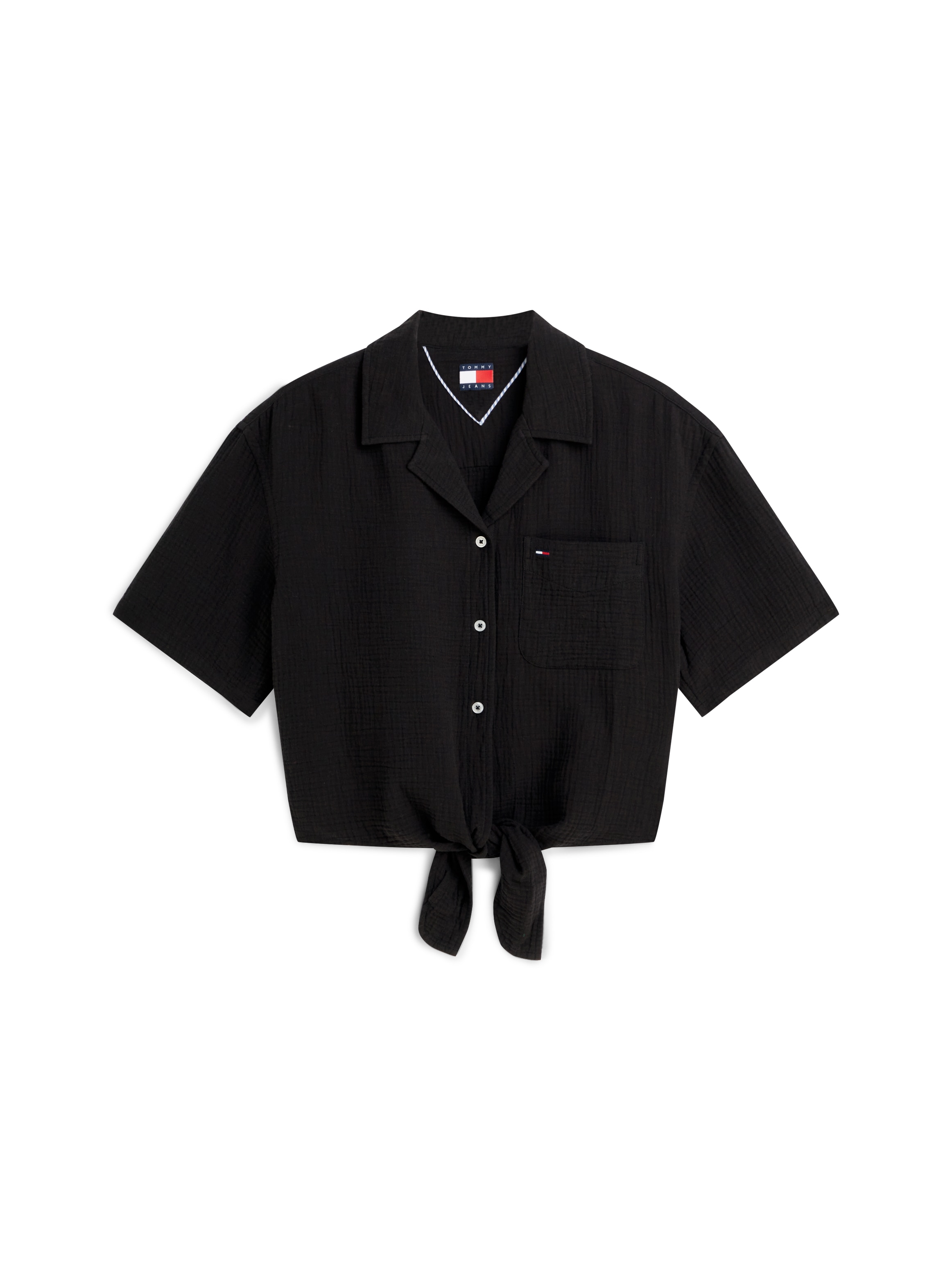 Tommy Jeans Kurzarmbluse »TJW TEXTURED TIE FRONT SS SHIRT« Baumwolle, Brusttasche, Saum zum Knoten