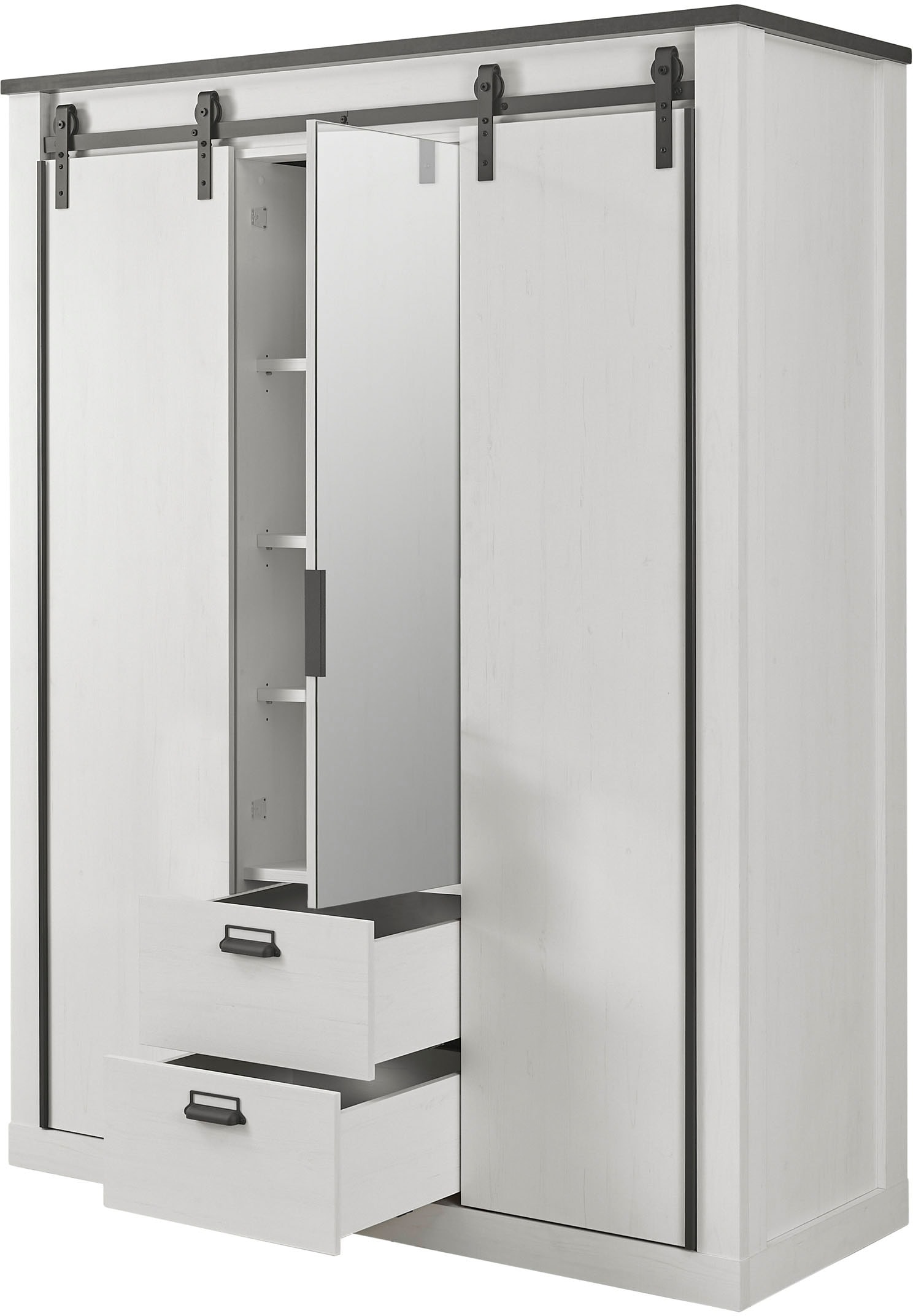 Home affaire Kleiderschrank »SHERWOOD«, Scheunentorbeschlag aus Metall, Schubkasten "Soft close", B/T/H 161/63/209cm