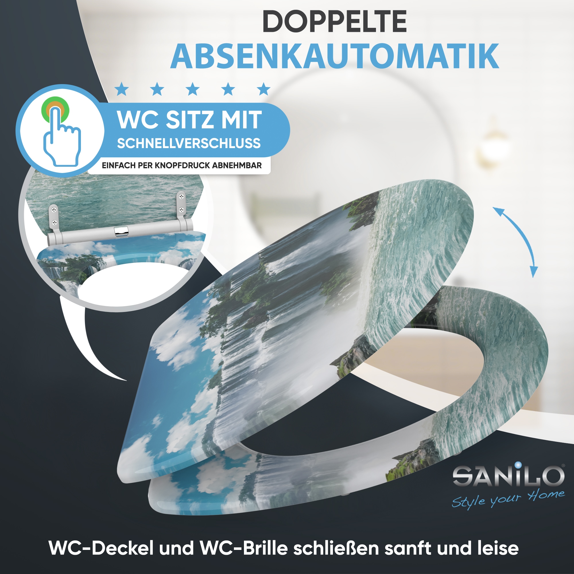 Sanilo WC-Sitz »Wasserfall mit Absenkautomatik & Quick Release« Premium Toilettendeckel, abnehmbar, leichte Montage von oben
