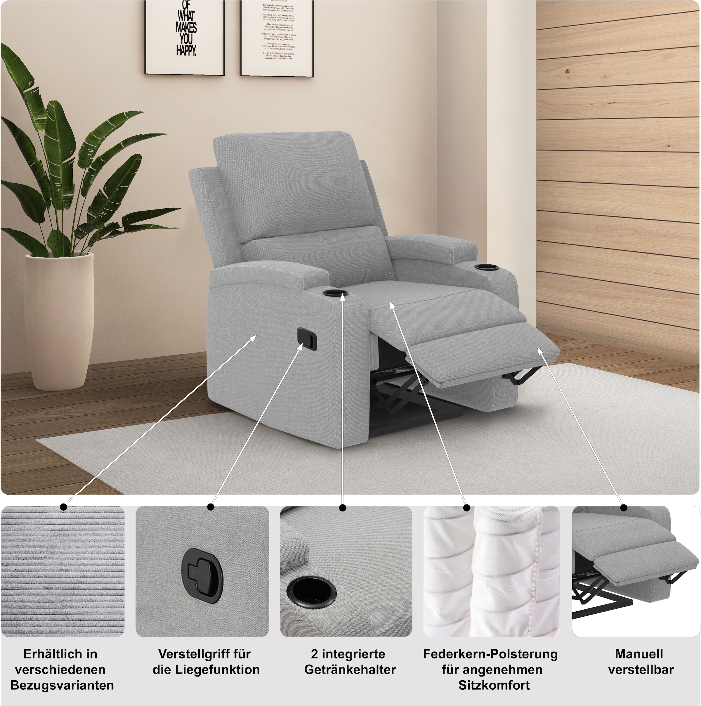 GOODproduct Relaxsessel »Napori« TV-Sessel, Kinosessel mit Relaxfunktion in 2 Sitzen, Getränkehalter