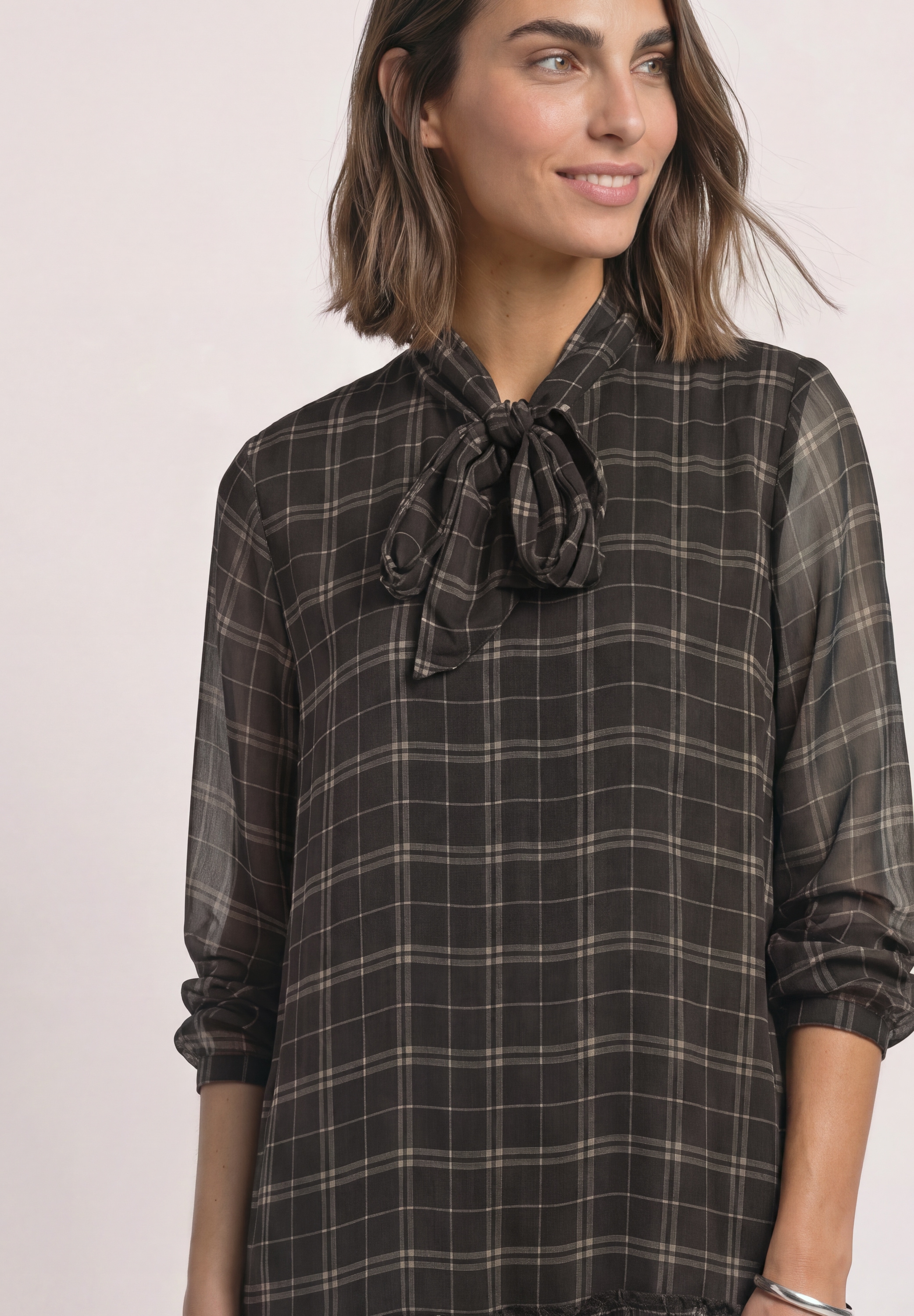 STREET ONE Robe en mousseline de soie Sans poches Robe tunique mi-longue avec détail de nœud / motif à carreaux