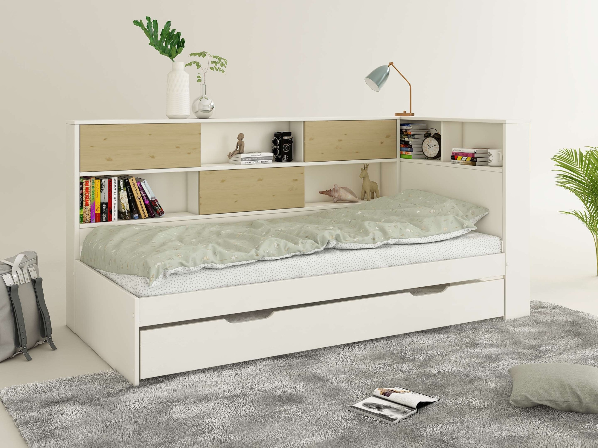 Home affaire Stauraumbett »Amance, Massivholz mit MDF, viel Stauraum, ideal für kleine Räume«, (Aussenmasse B/T/H: 110,2/220,1/106,9 cm), FSC® zertifiziert, inklusive Lattenrost, Made in EU