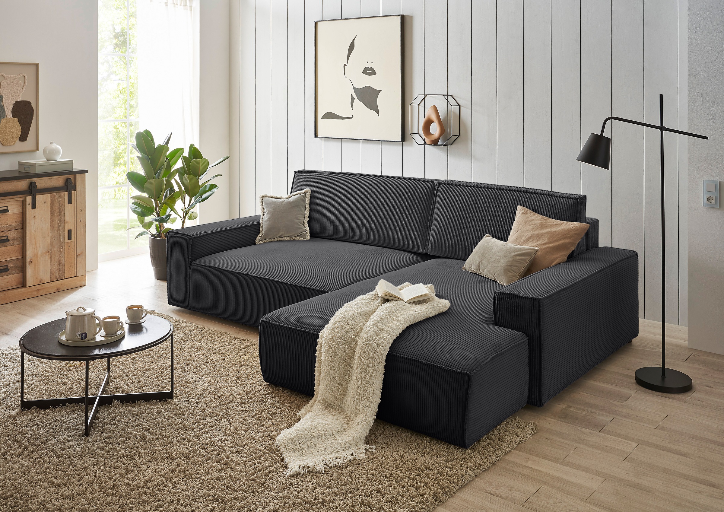Home affaire Canapé d'angle »NEU: SHERWOOD XXL 284, Big-Sofa L-Form, tiefe Sitzfläche 95 cm, Cord« Recamiere rechts/links, als Schlafsofa stellbar, Cord u. Leinenoptik