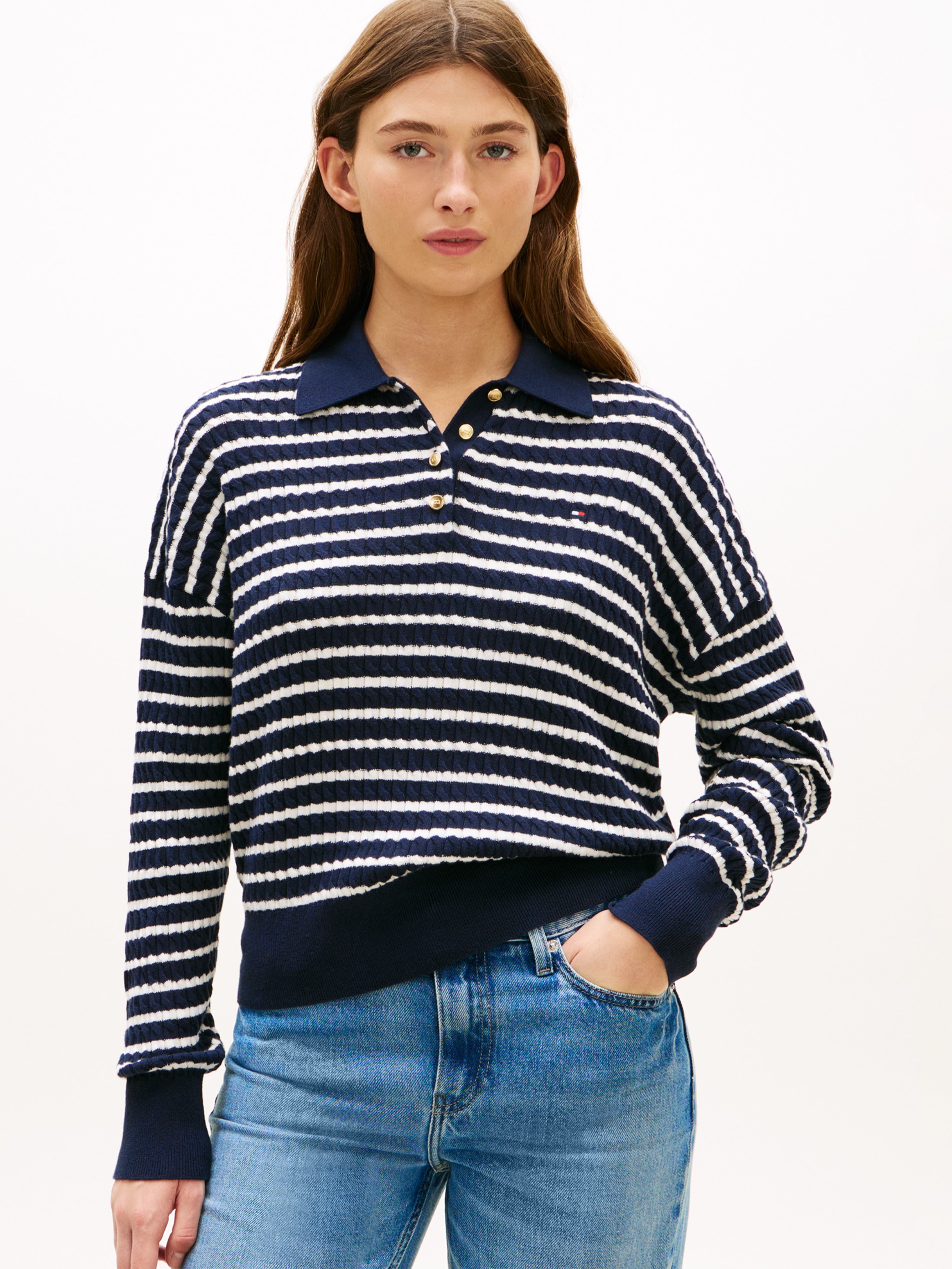 Image of Tommy Hilfiger Strickpullover "CO CABLE FINE GG RLXD POLO SWT" mit Zopfmuster