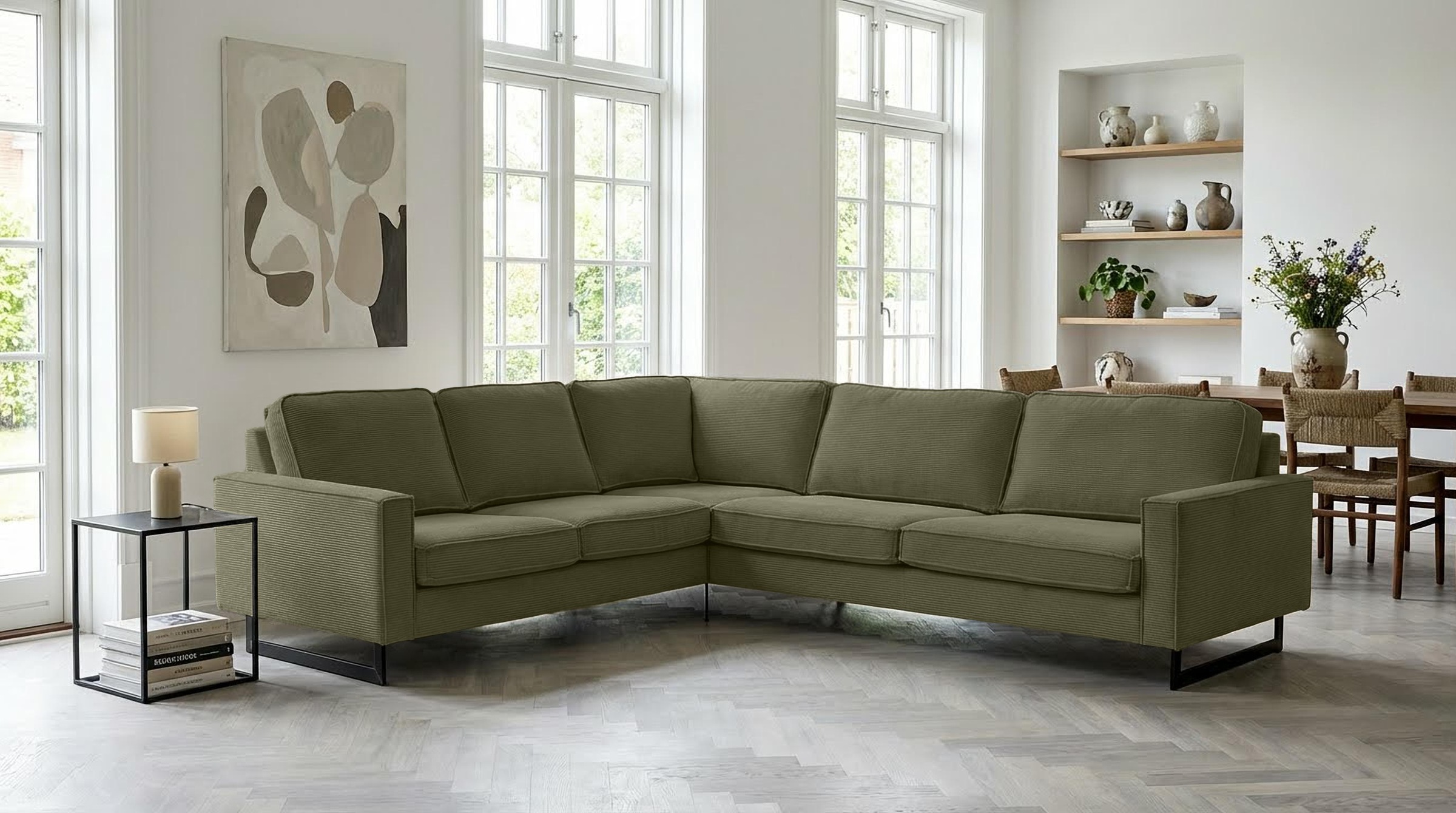 Image of Home affaire Ecksofa "Pinto, XXL, 250/290 cm, langer Schenkel, Ottomane" Cord, Chenille, Lederoptik, mit Keder, Metallfüsse, Wellenunterfederung