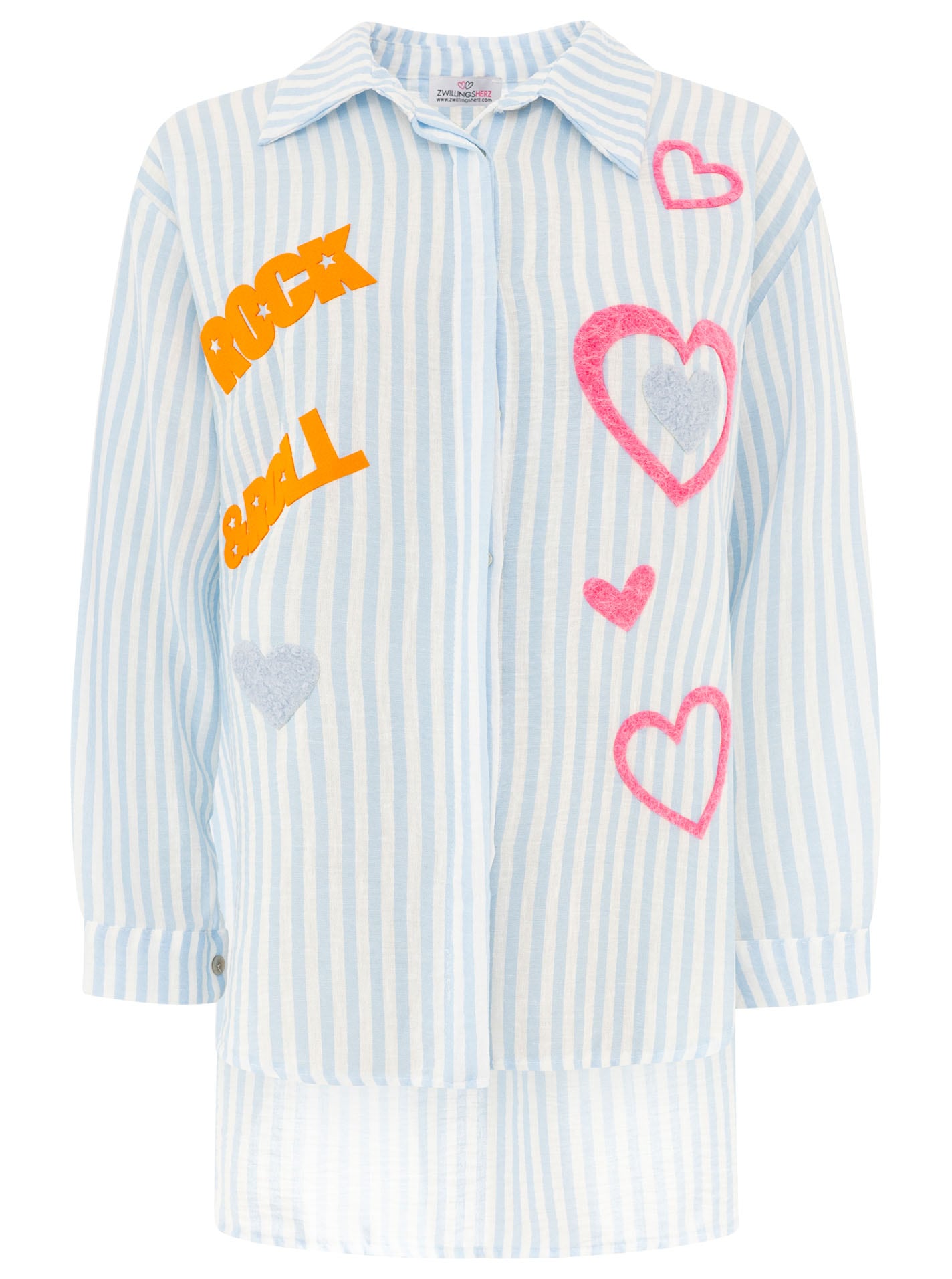 Zwillingsherz Hemdbluse »"Rock n' Roll Patches"« gestreift, länger geschnitten, auffallende Teddy-Patches, Knopfleiste