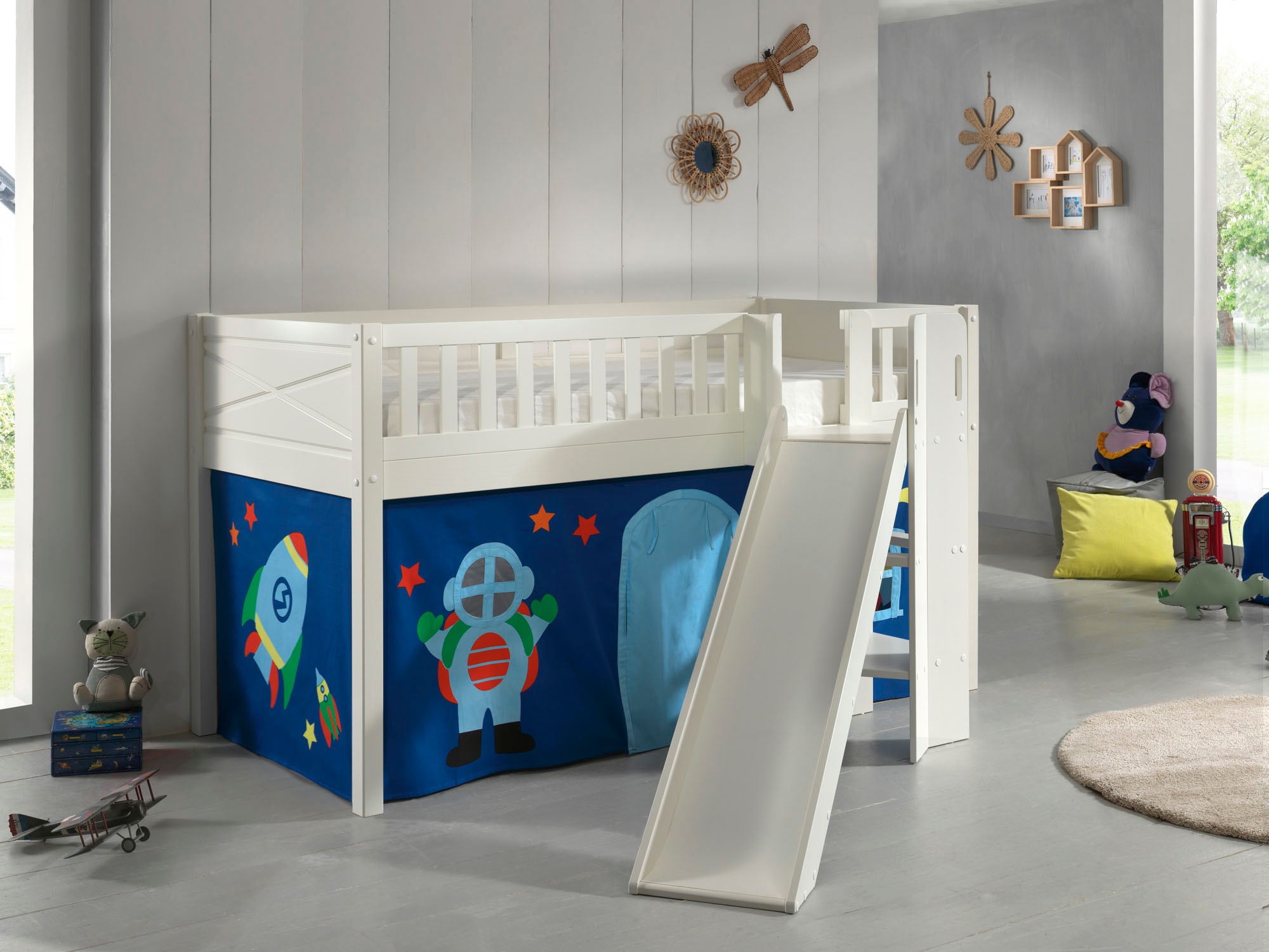 Vipack Hochbett »Scott« Made in Europe,  m. Rutsch-/Leiterturm, LF 90x200 cm, Vorhang, Tunnel, 4 Designs