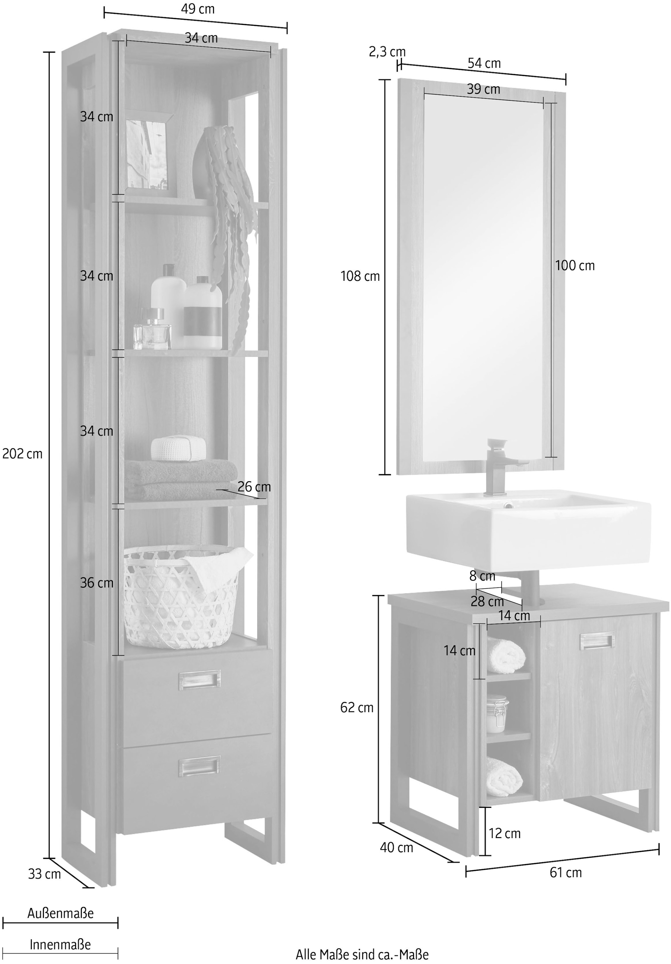 Home affaire Badmöbel-Set »Detroit, Bad im Industrialdesign, 3-teiliges Badezimmer«, (Set, 3 St.), Unterschrank, Regal & Spiegel, holzfarben, offene Fächer & Stauraum