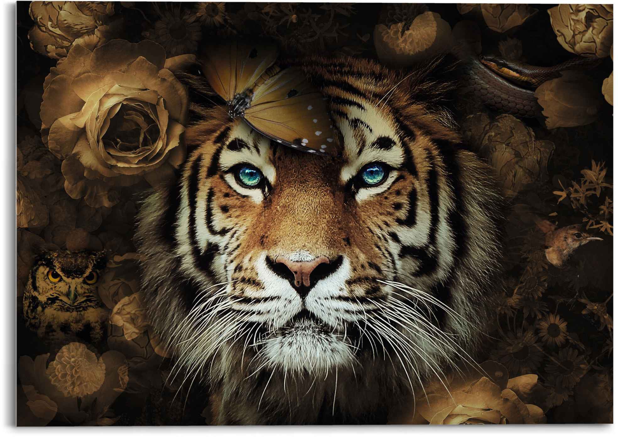 Image of Reinders! Glasbild »Glasbild Tiger Tierreich - Blumen - Herbstfarben - Blaue Augen«, Tiger, (1 St.) bei Ackermann Versand Schweiz