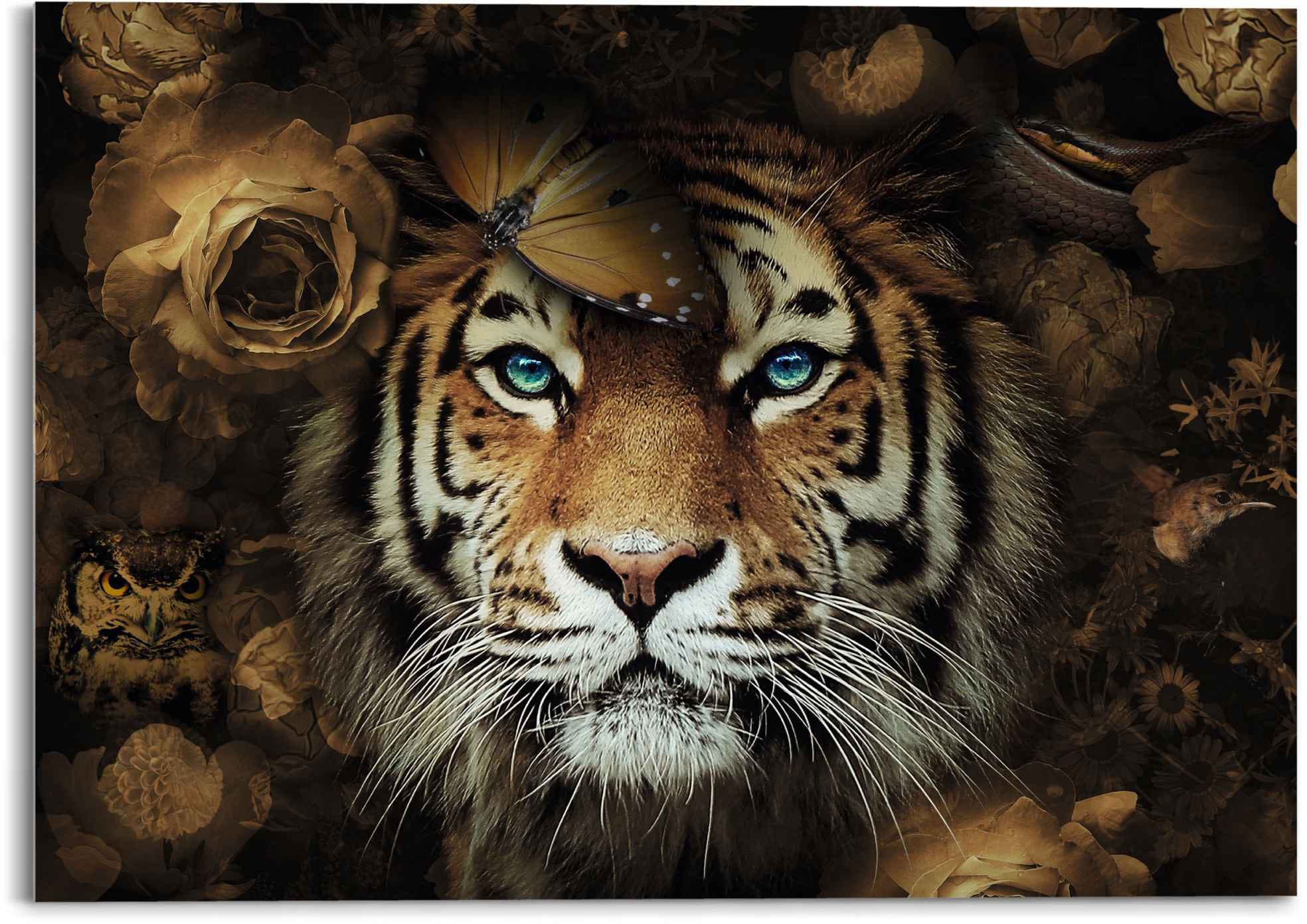 Image of Reinders Glasbild "Glasbild Tiger Tierreich - Blumen - Herbstfarben - Blaue Augen" Tiger 1 Stk. tlg.