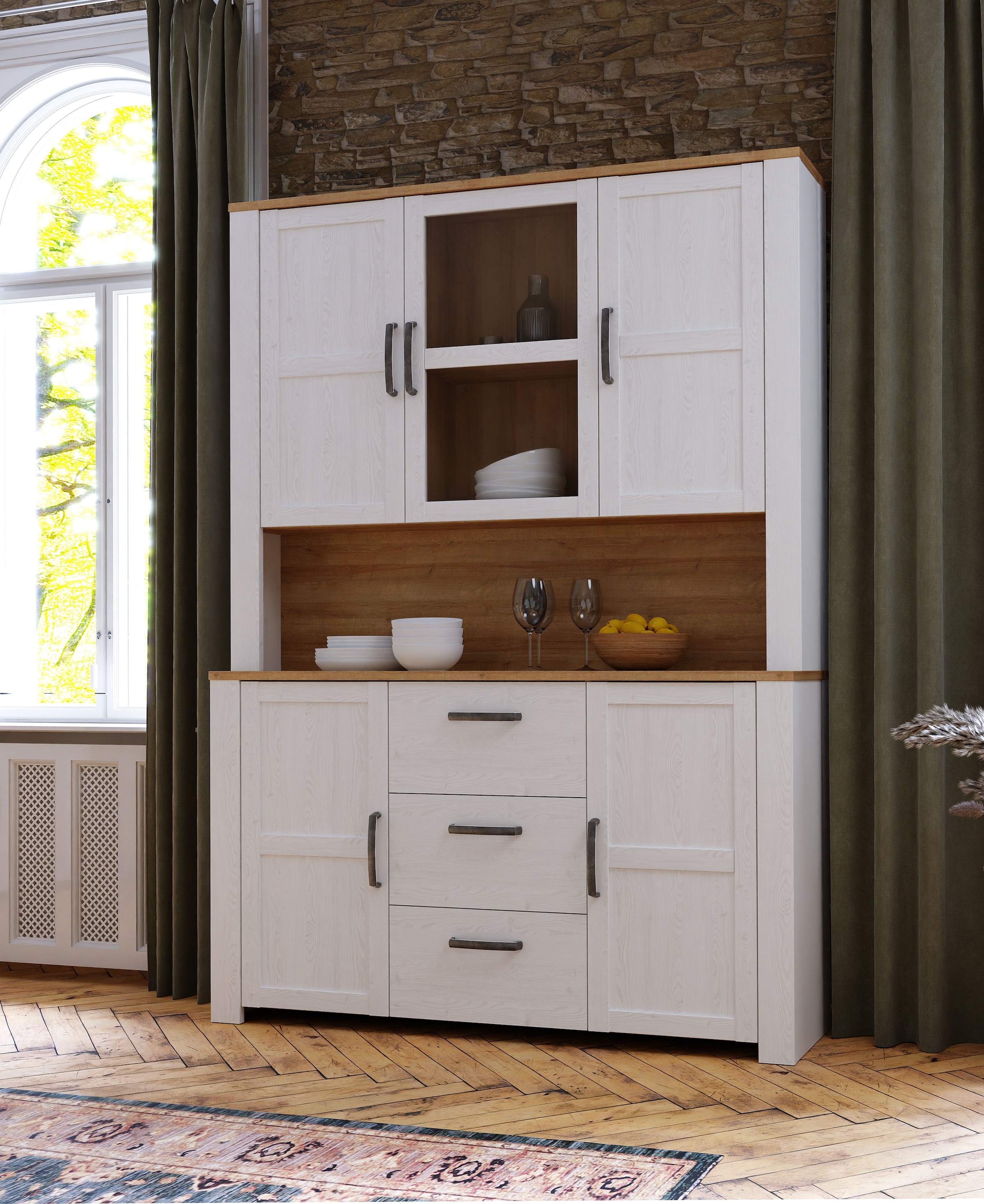FORTE Buffet »Bohol, grosses Highboard,4Türen, 1 Glastüre, 3 Schubkästen« L/H/P 146,1/205,4/42 cm, beaucoup d'espace de rangement