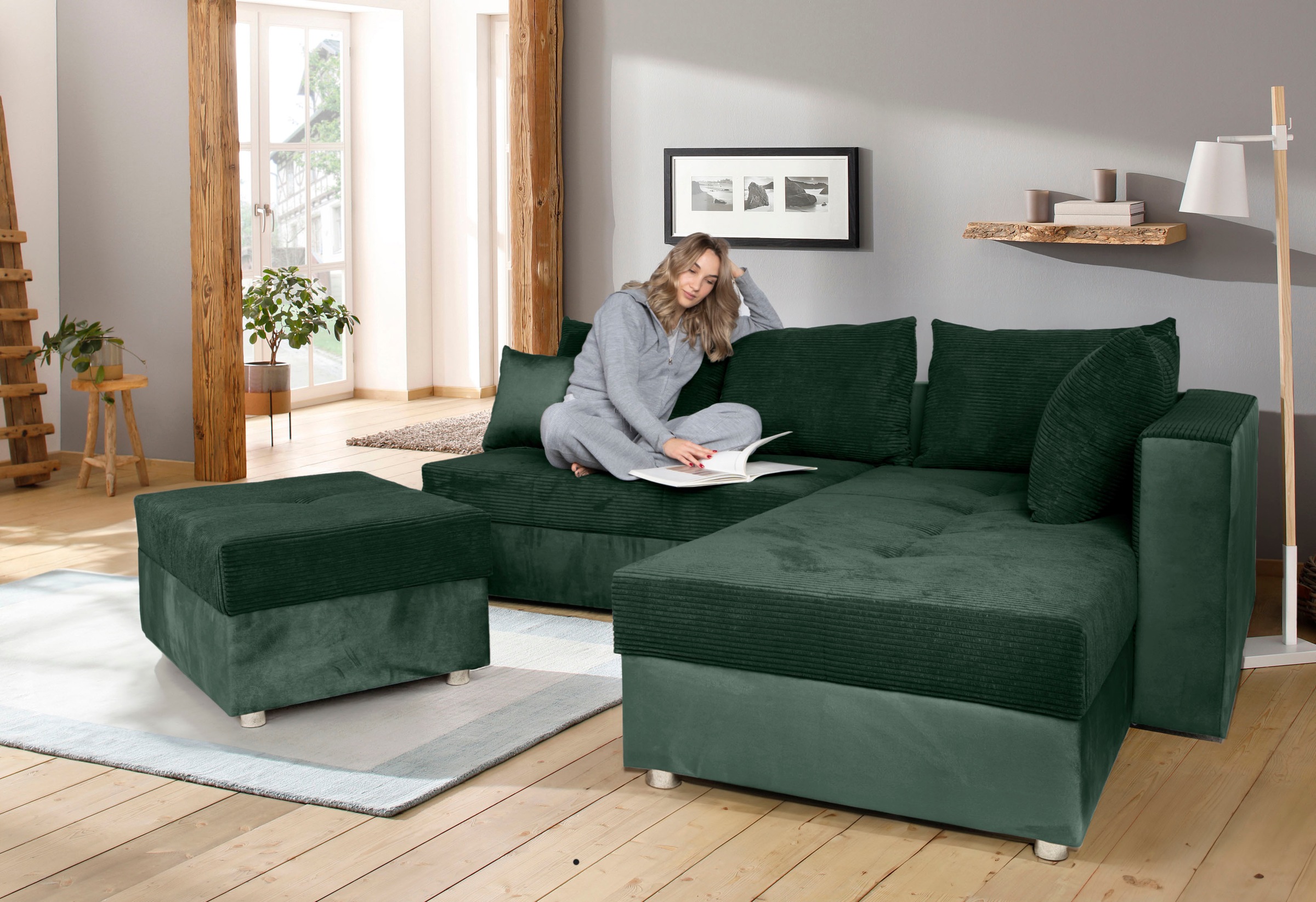 Image of COLLECTION AB Ecksofa "Italia L-Form, B: 217 cm" Bettfunktion, Bettkasten & 1 Zierkissen, Federkern