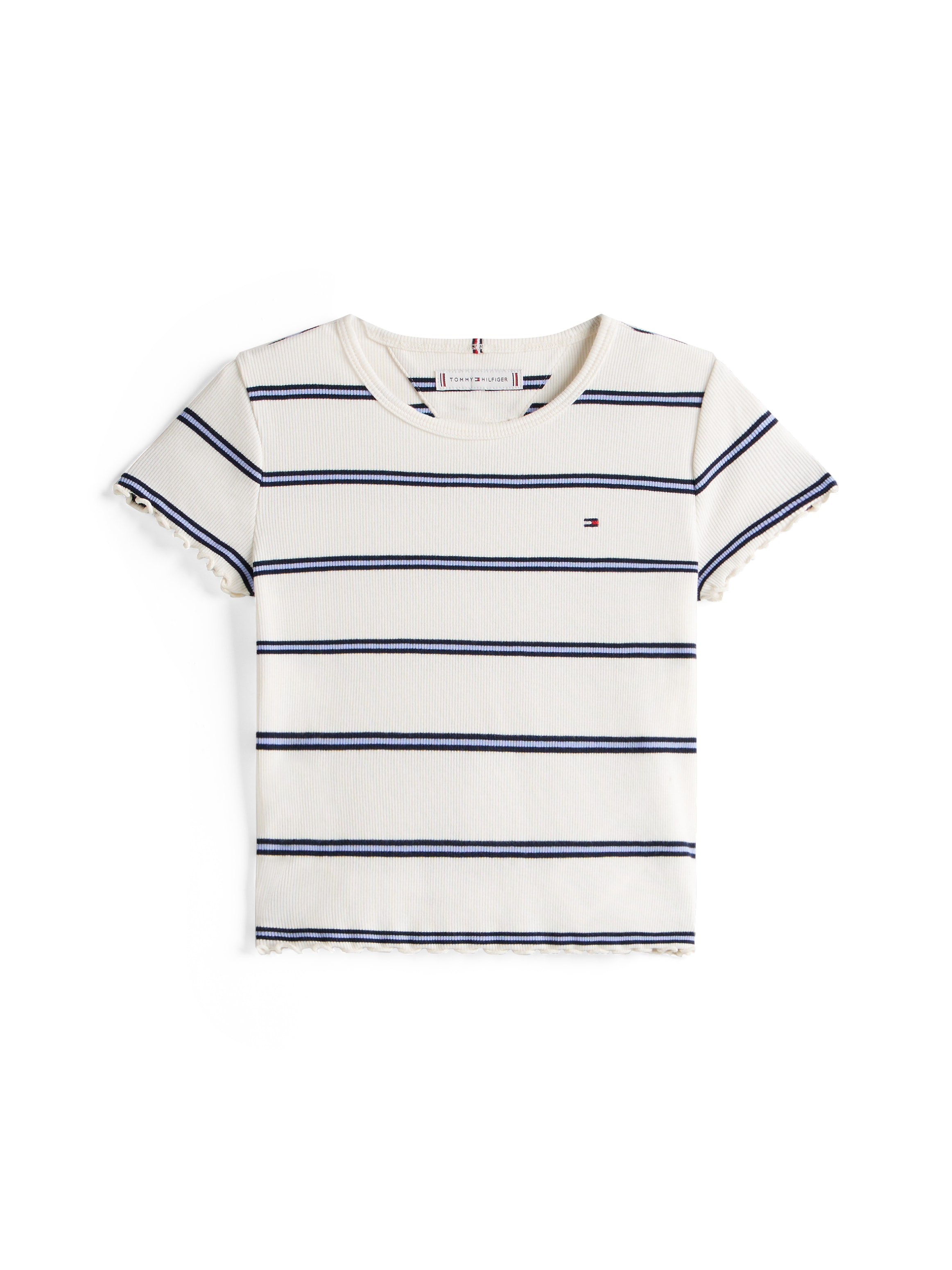 Tommy Hilfiger T-Shirt »ESSENTIAL RIB TOP mit Babylock-Kanten und Stickerei«, unifarben, casual, regular fit, Baumwollmix, Rundhals