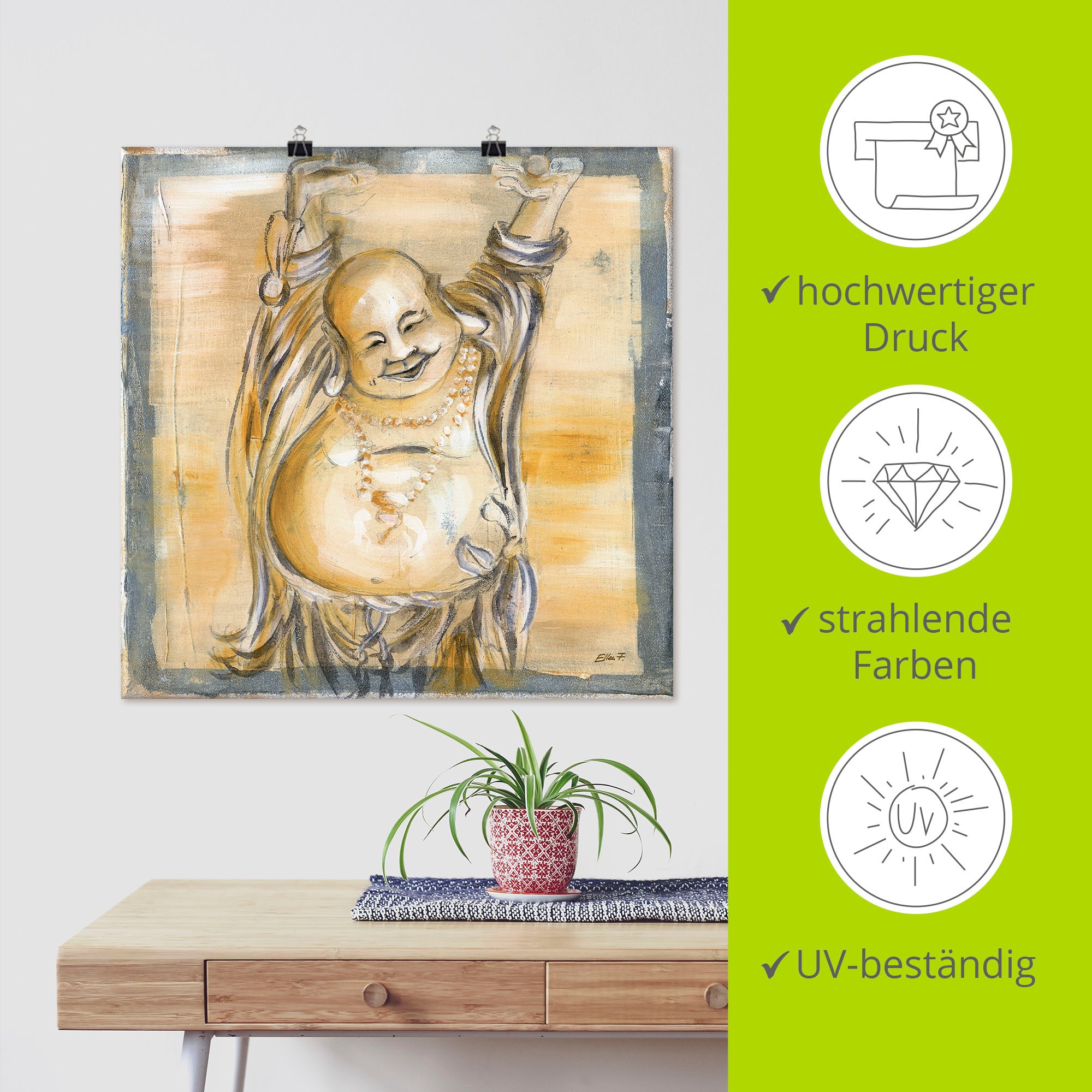 Artland Wandbild »Fröhlicher Buddha II«, Religion, (1 St.), als Alubild, Outdoorbild, Leinwandbild, Poster, Wandaufkleber