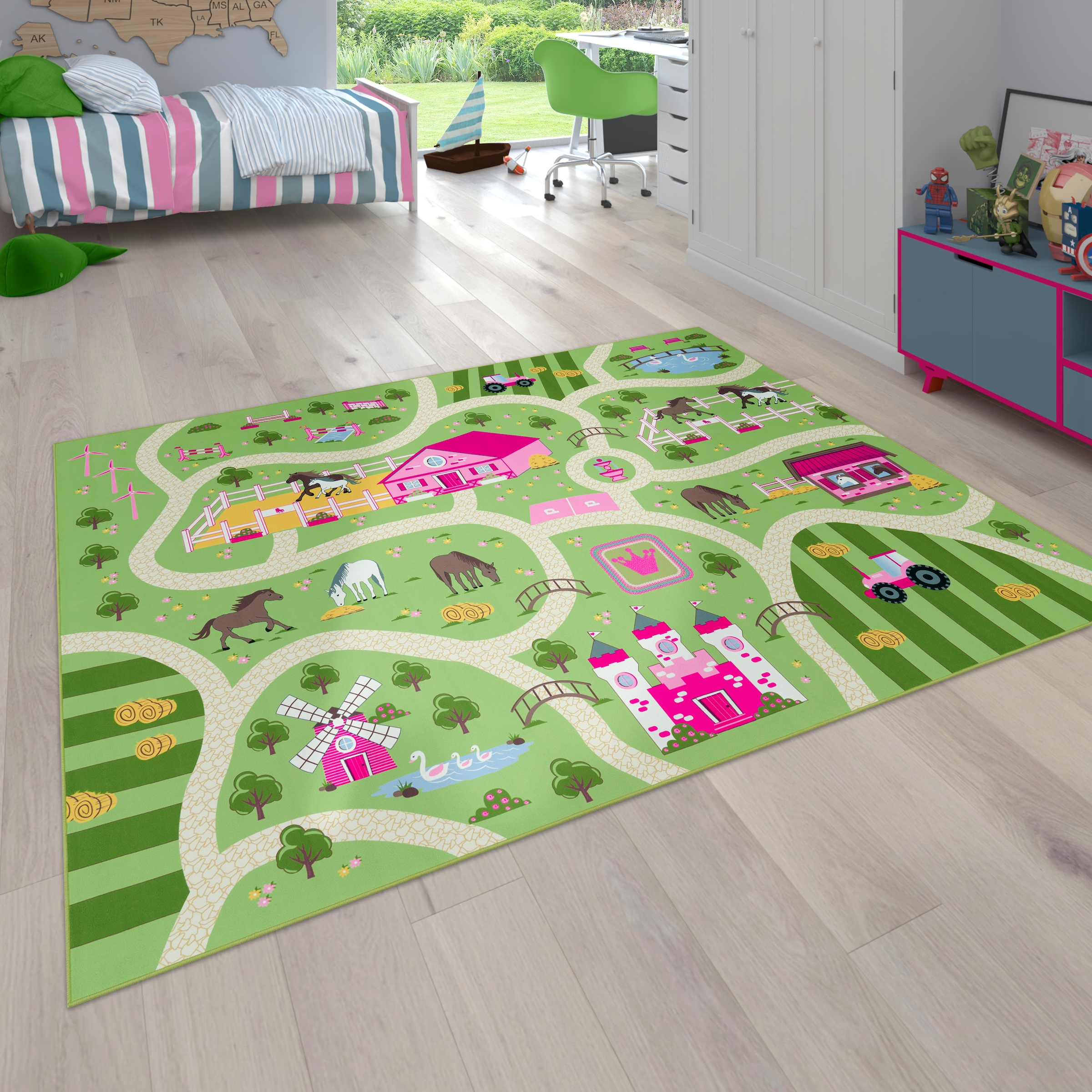 Image of Paco Home Kinderteppich "Bino 560" rechteckig 4 mm Höhe Kurzflor, Strassen-Spiel-Teppich, Motiv Bauernhof, Kinderzimmer