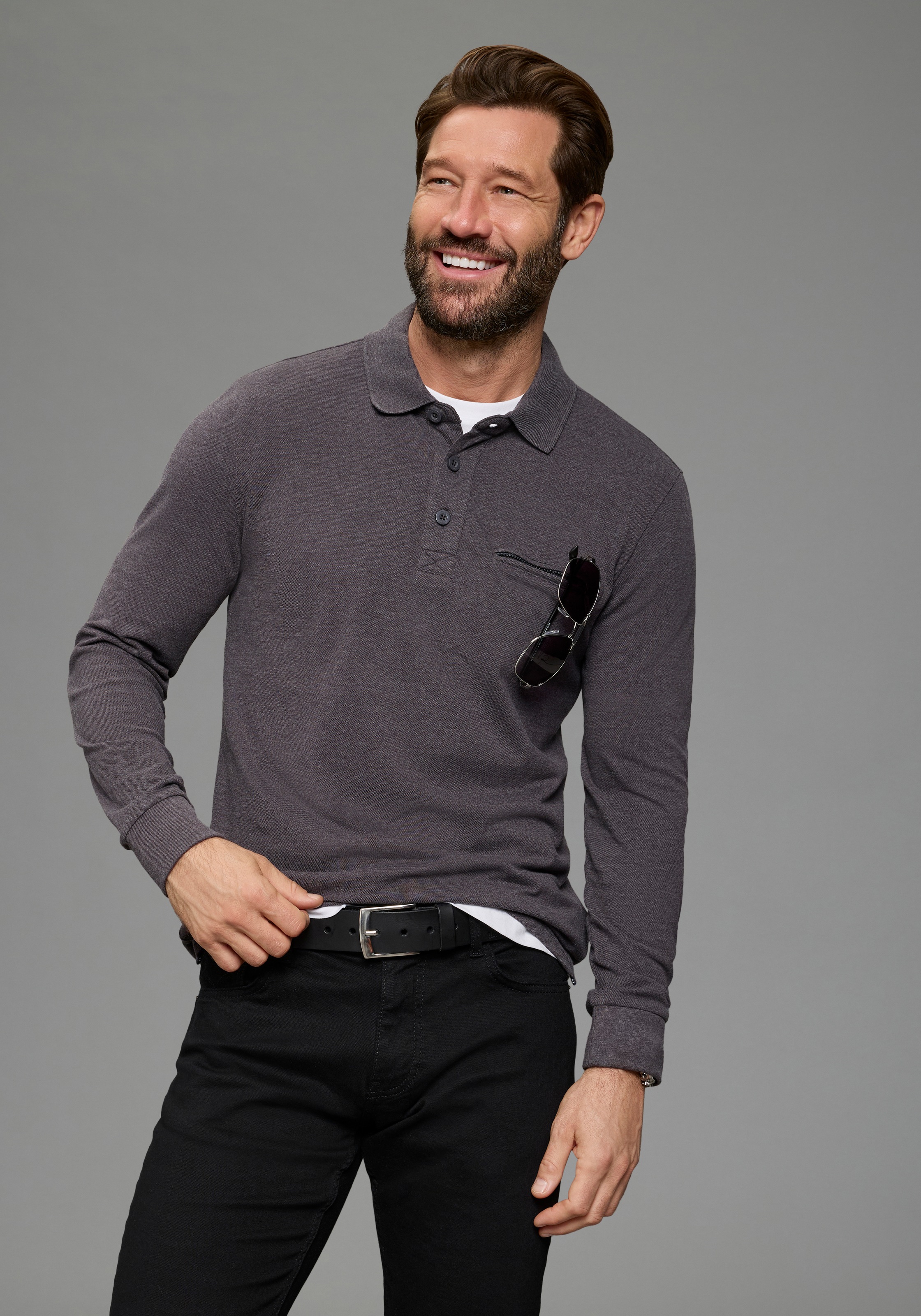 Image of Mans World Langarm-Poloshirt "Neue Kollektion" schmale Passform, Langarm, mit Reissverschlusstasche