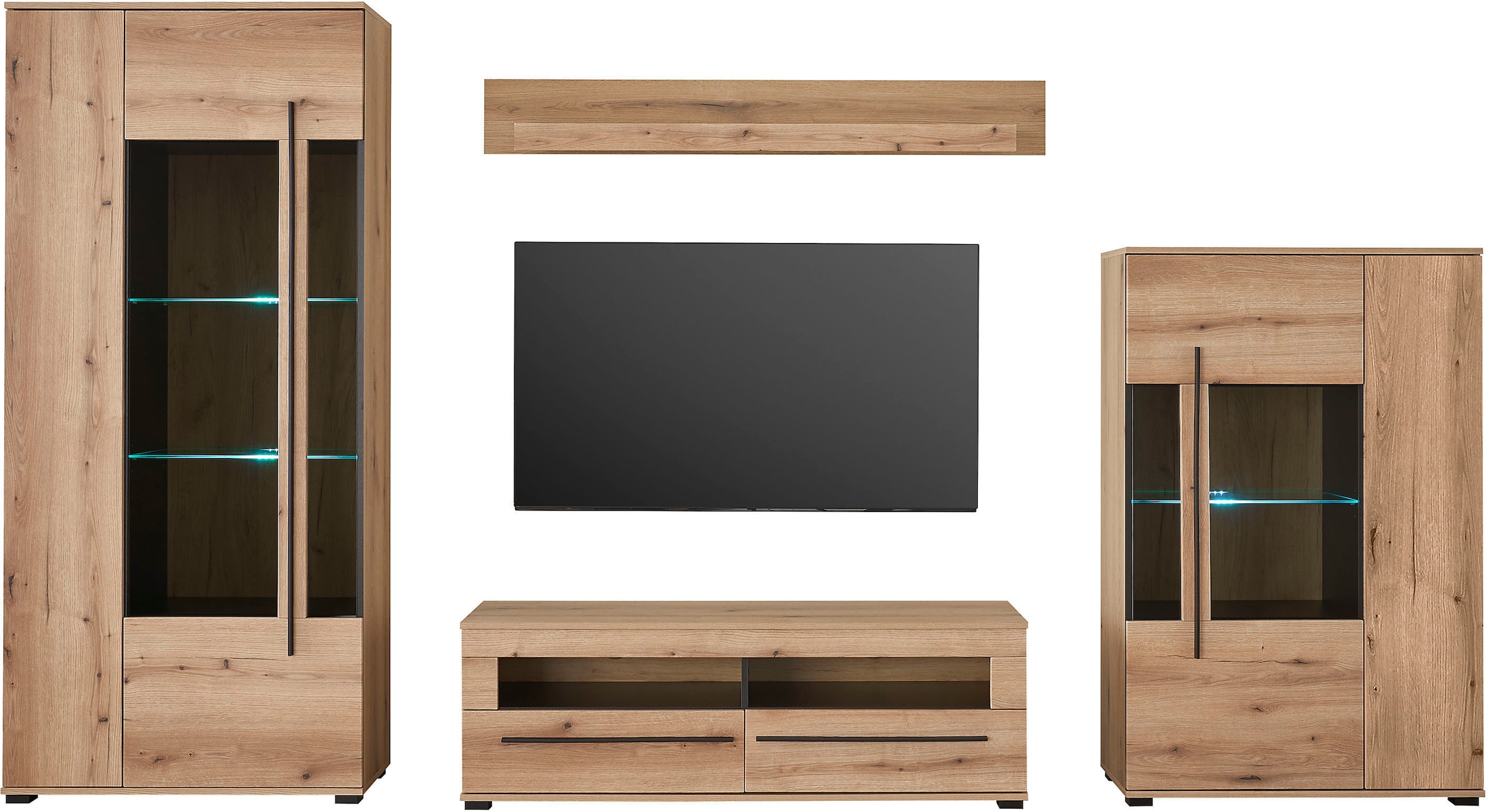INOSIGN Wohnwand »Cantara, moderne Anbauwand, Wohnzimmer-Set, in Eiche Evoke oder Weiss«, (Set), enthält zwei Vitrinen, ein Lowboard und ein Wandboard