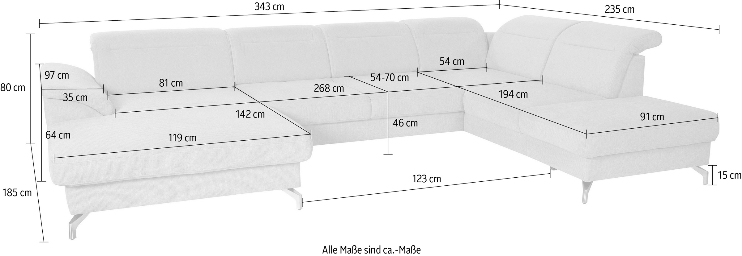 sit&more Wohnlandschaft »Percy U-Form«, 15 cm Fusshöhe, Sitztiefenverstellung, wahlweise in 2 Fussfarben