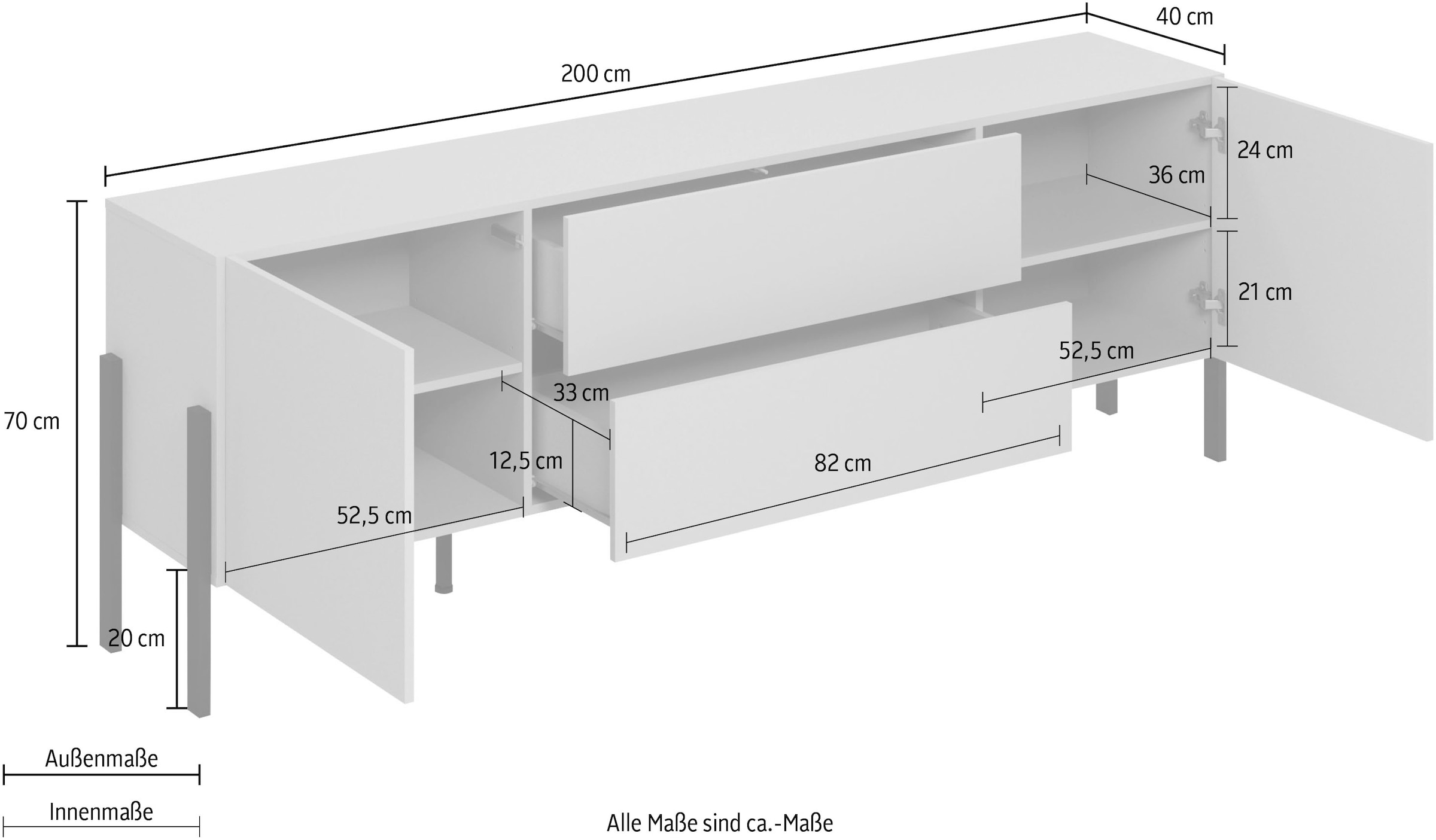 INOSIGN Lowboard »Jukon,Breite 200 cm, moderne grifflose TV-Kommode,2 Türen/2 Schubladen«, TV-Schrank mit viel Stauraum, TV-Board, push-to-open-Funktion