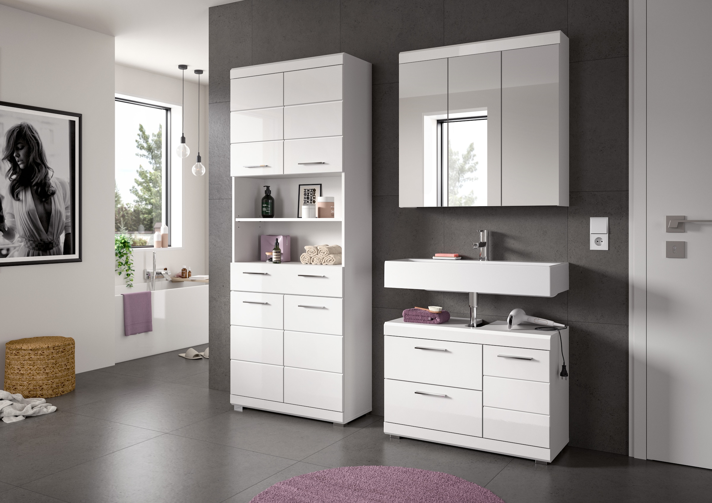 welltime Ensemble de meubles de salle de bain »SIENA, 3-teilig, Waschbeckenunterschrank, Spiegel- & Hochschrank«