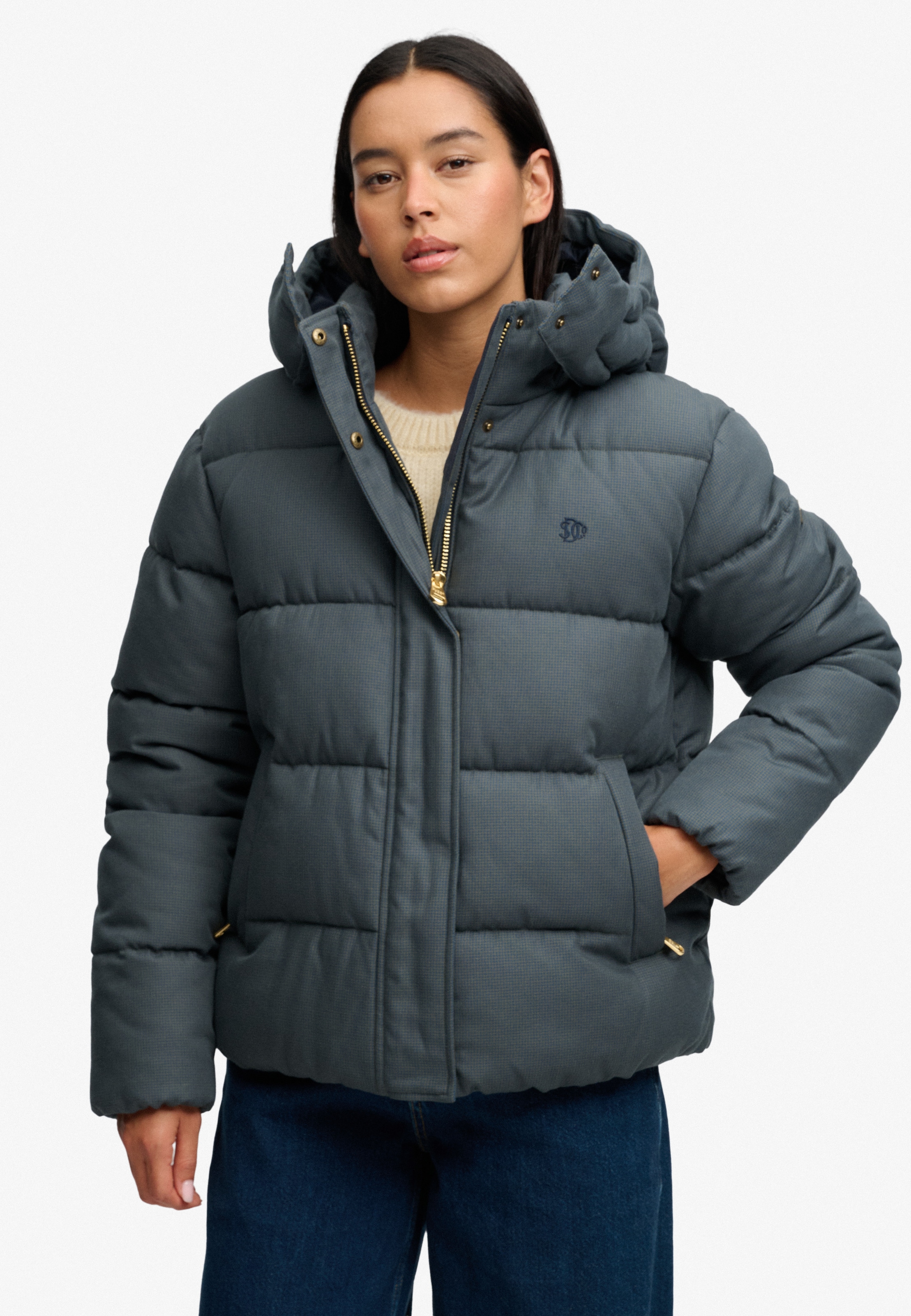 Image of Superdry Steppjacke "PREMIUM HOOD CHECK PUFFER JKT" mit Kapuze Materialmix, relaxed fit, aussen aus Webstoff mit Hahnentritt-Muster