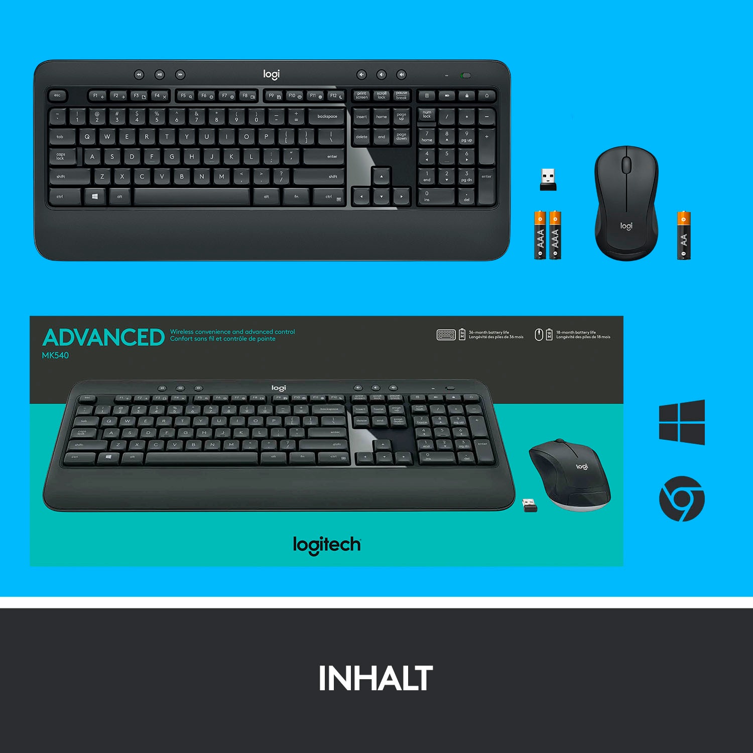 Logitech Tastatur- und Maus-Set »MK540 ADVANCED Kabellose«, für Windows, USB, Sondertasten, 3 Jahre Batterielaufzeit, PC, Laptop