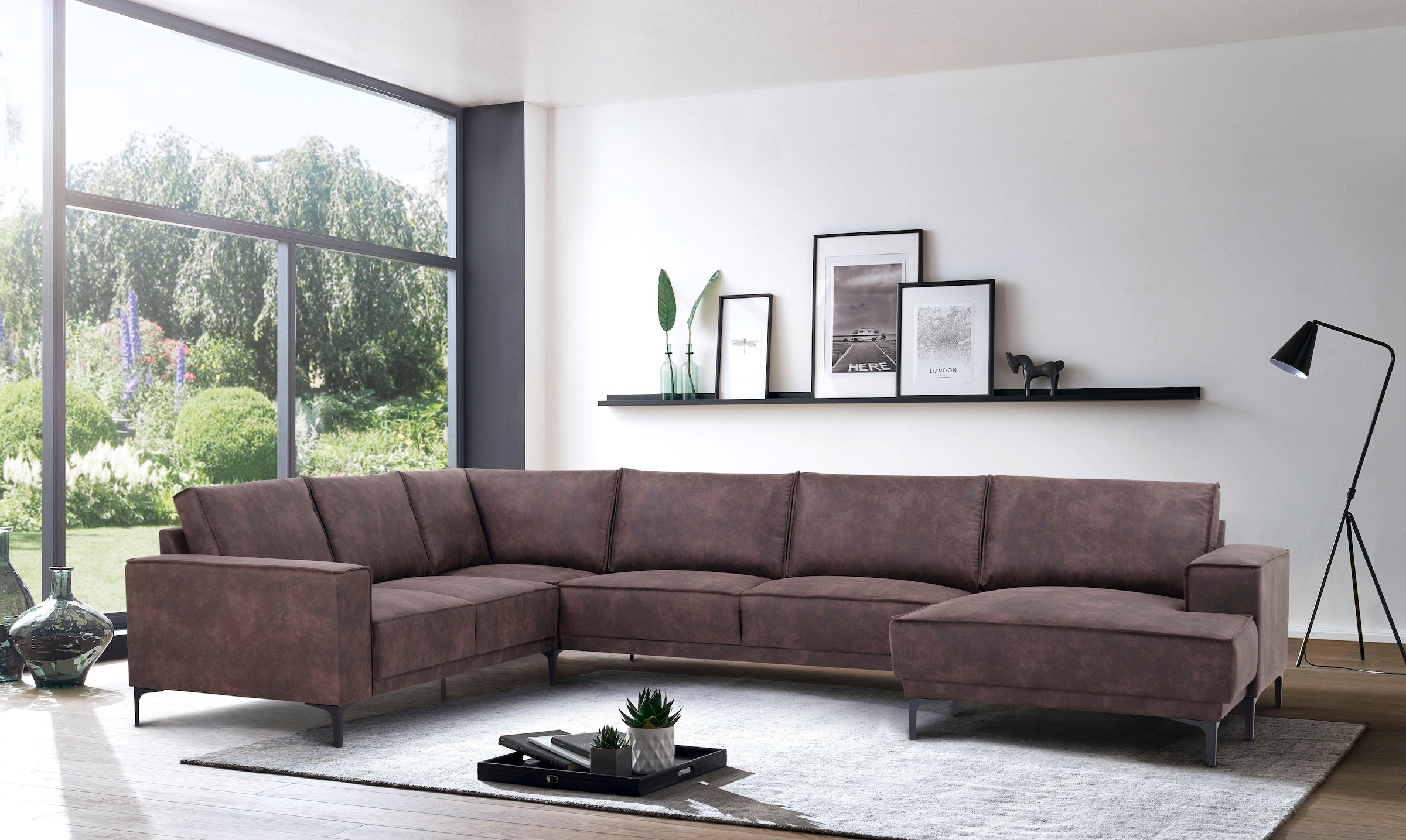Places of Style Wohnlandschaft »XXL Sofa Oland, Struktur, Flachgewebe, Luxus-Microfaser, Boucle«, U-Form, 342 cm, Wellenunterfederung, Skandi-Design, Metallfüsse